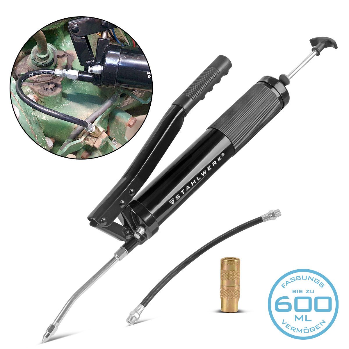 STAHLWERK Handpresse Einhand-Fettpresse 600 ml 550 bar Handhebelpresse, Einhand-Bedienung