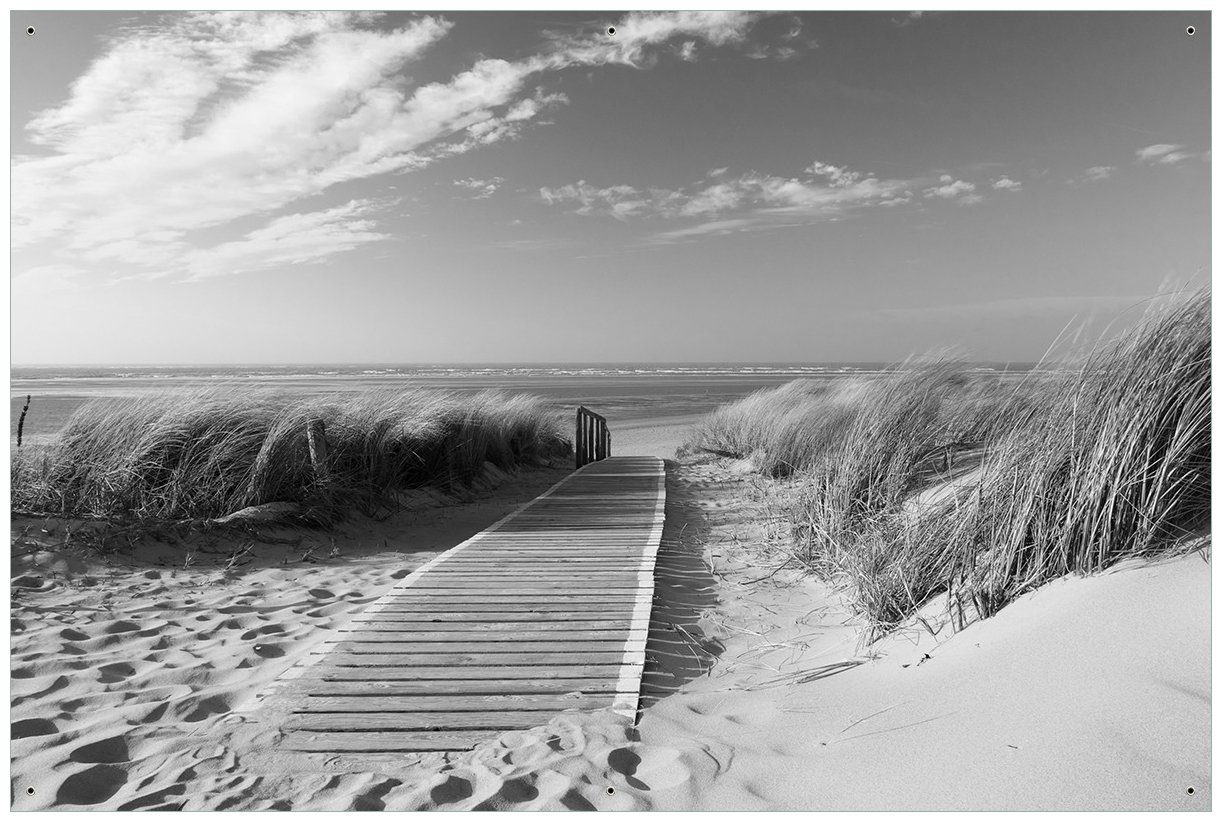 Wallario Sichtschutzzaunmatten Auf dem Holzweg zum Strand schwarzweiß