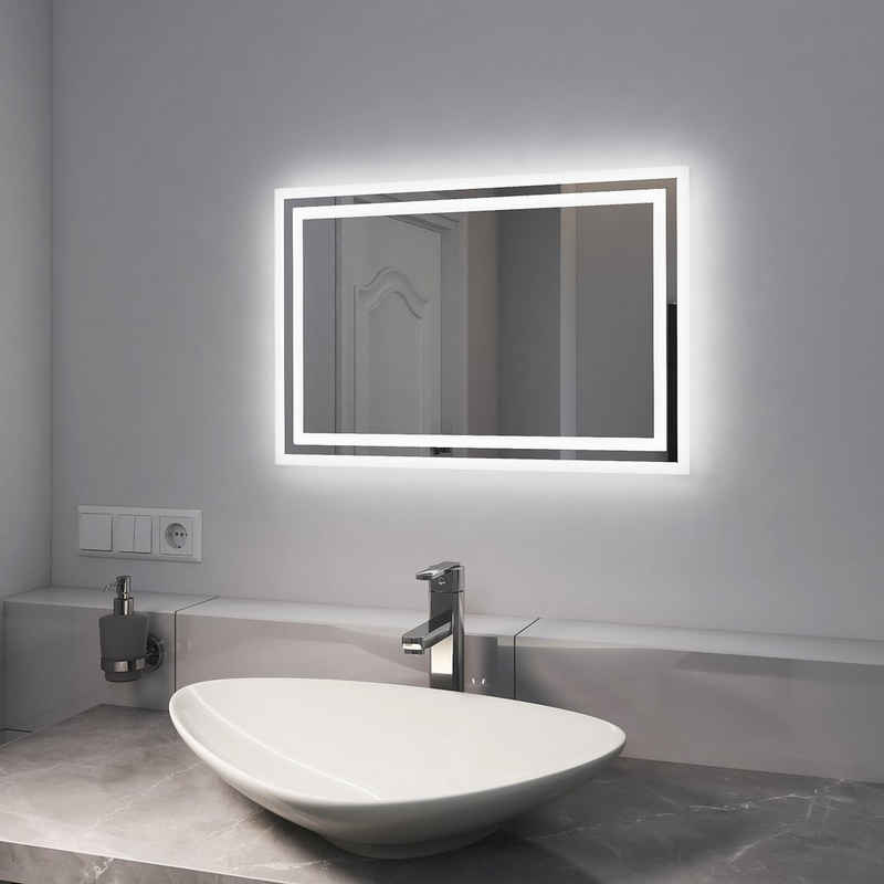 EMKE Badspiegel Badspiegel mit Beleuchtung LED Badezimmerspiegel Wandspiegel, Beschlagfrei, 2 Farben des Lichts, Druckknopfschalter energiesparend