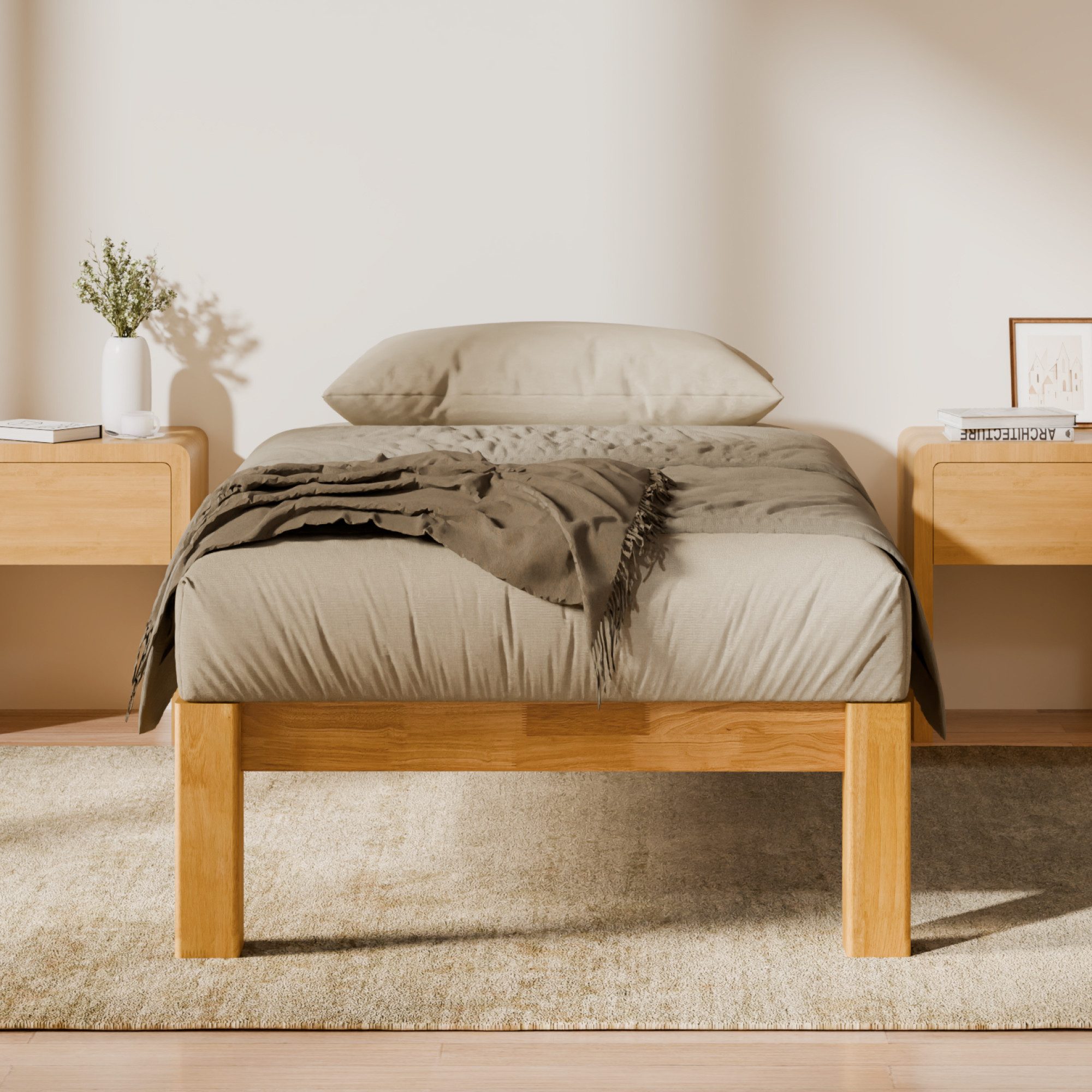 FLEXISPOT Bettgestell 90/140/160/180x200 cm aus Gummibaumholz, Futonbett aus Massivholz (Massivholz-Plattformbett aus 100 % Gummibaumholz, bis 700KG, 10 Jahre Garantie, inkl. Lattenrost), Werkzeuglos & Zapfenverbindung, japanisches bett, JAPANDI, Hako G2