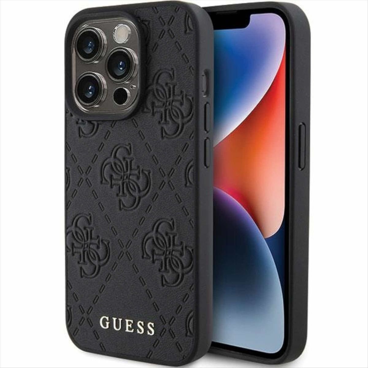 Guess Smartphone-Hülle Guess Apple iPhone 15 Pro Schutzhülle Case Leather 4G Stamped Schwarz