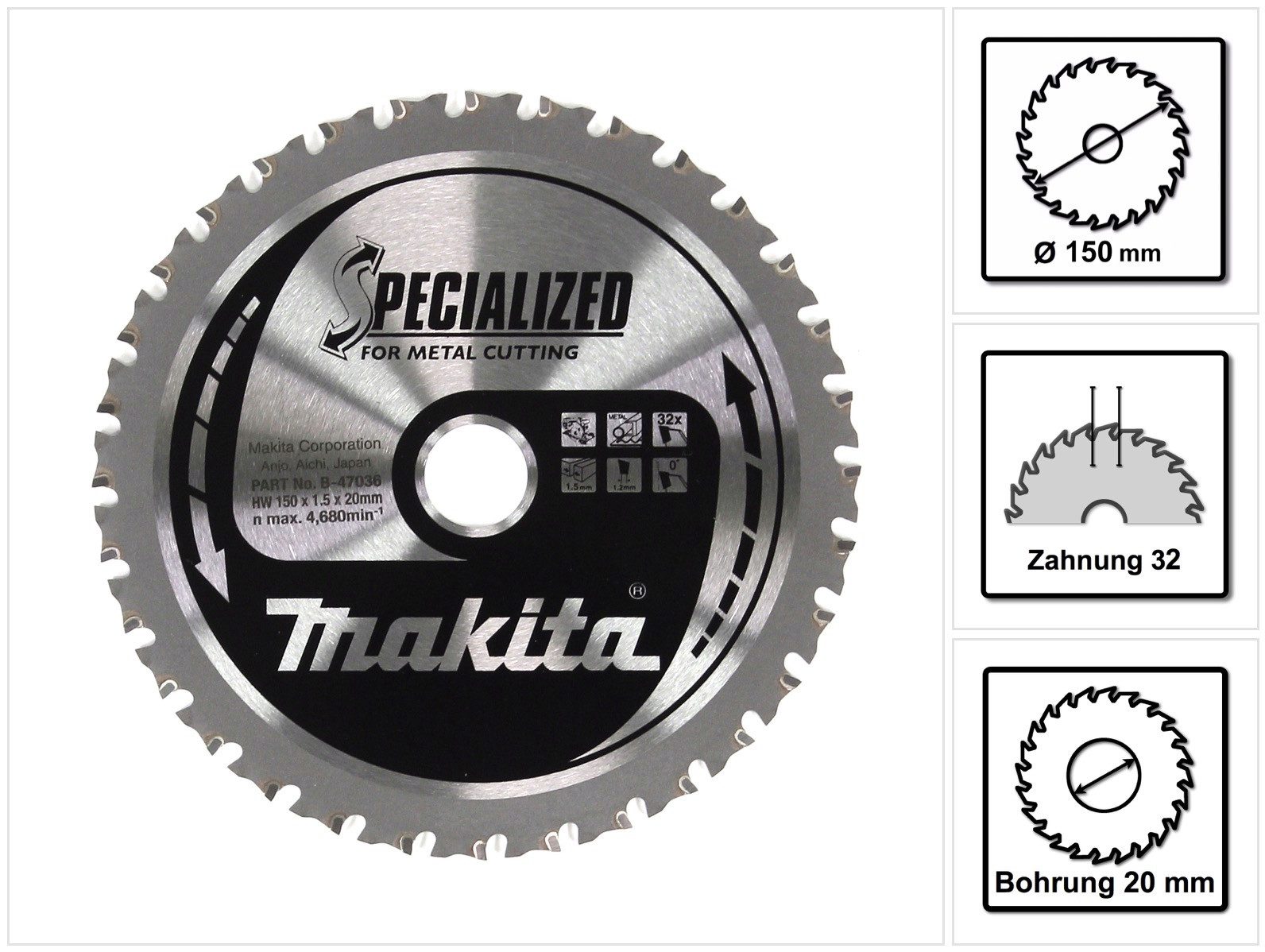 Makita Kreissägeblatt MCCS15032E Specialized Sägeblatt für Metall HW 150 x 20 x 1,5 mm 32 Z