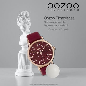 OOZOO Quarzuhr Oozoo Damen Armbanduhr weinrot Analog, Damenuhr rund, groß (ca. 42mm), Lederarmband weinrot, Fashion