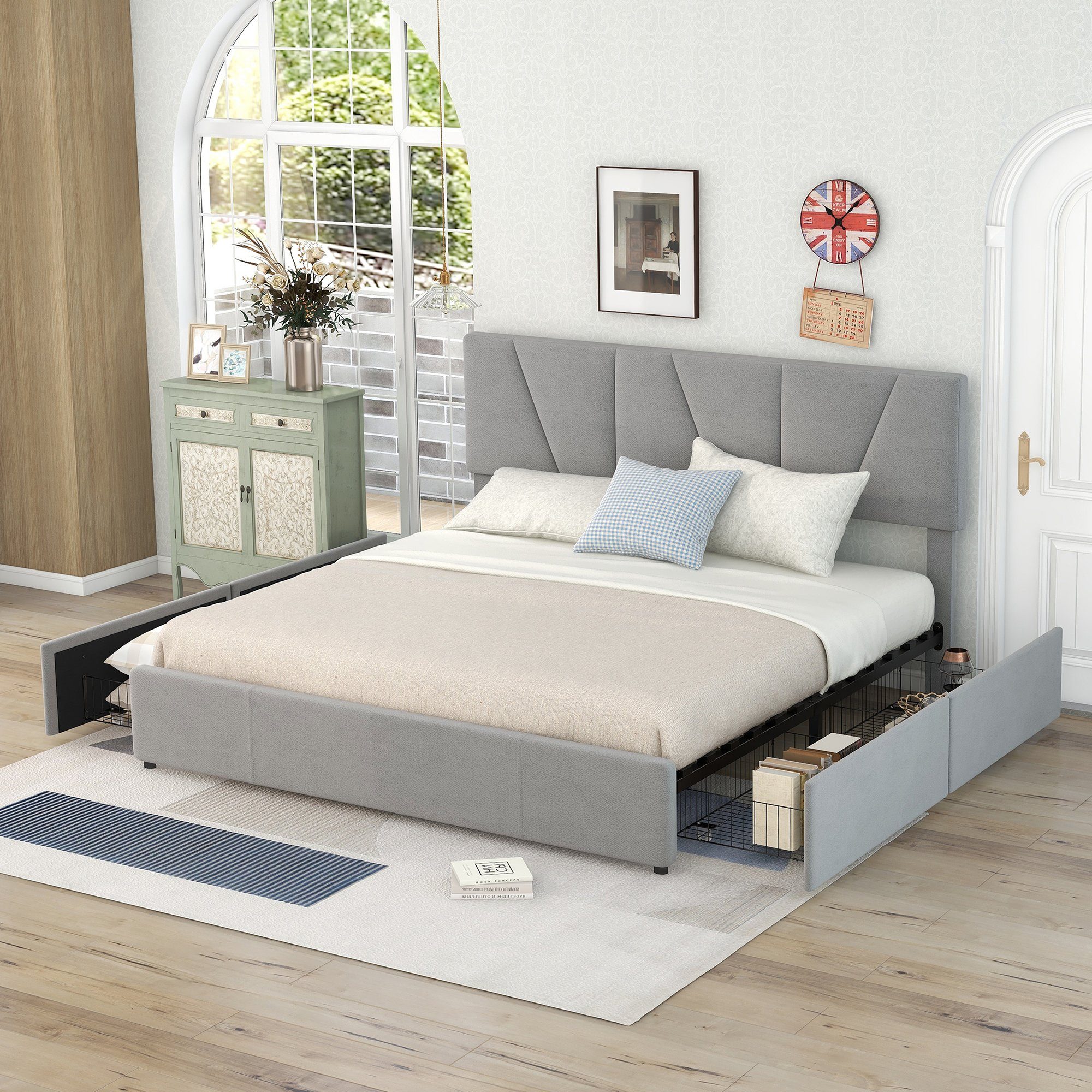 Celya Polsterbett Doppelbett Bettgestell 160x200cm Kingsize Polster  Plattform Bett, mit vier Schubladen auf zwei Seiten, Verstellbares Kopfteil
