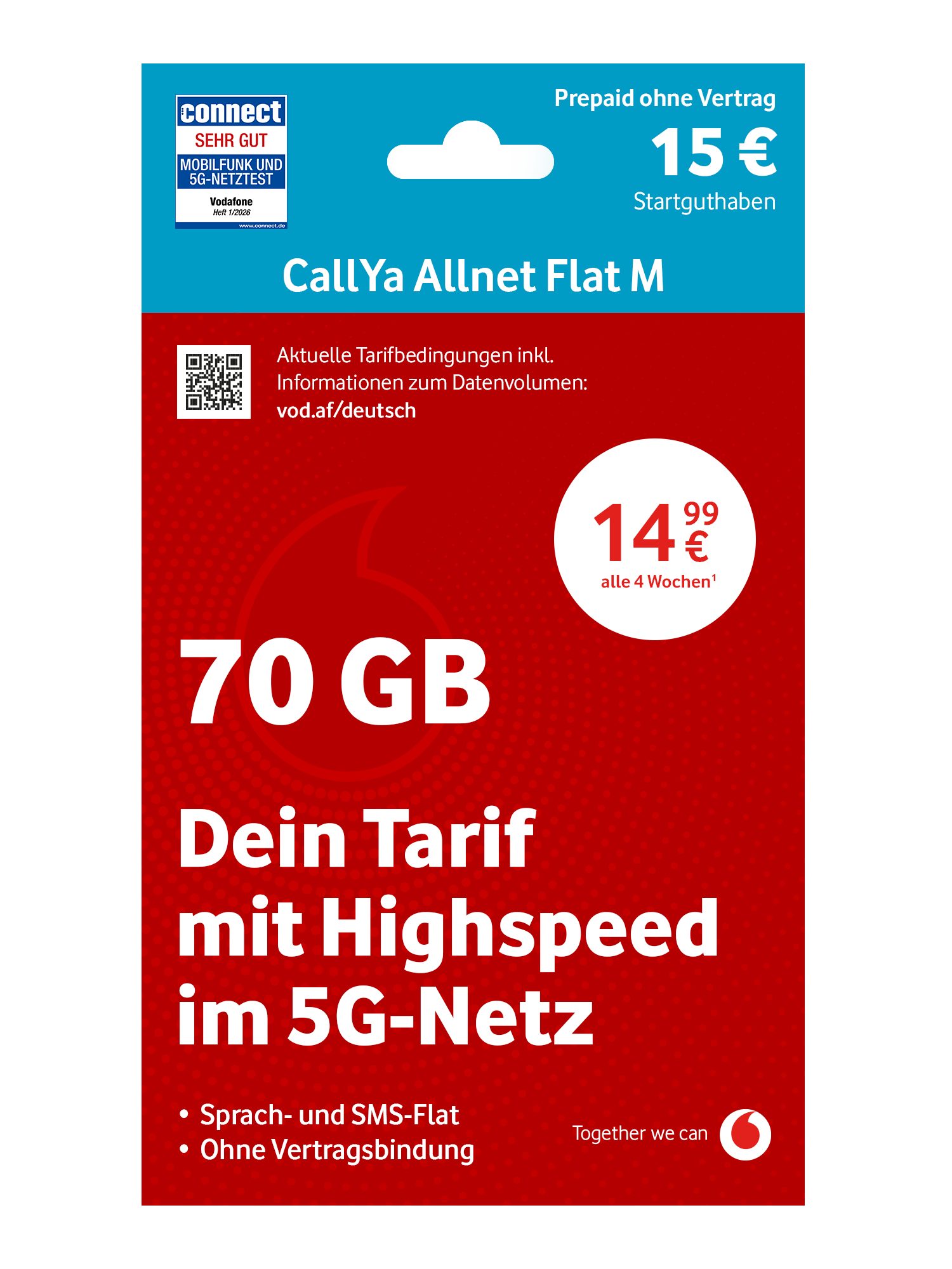 Vodafone CallYa Allnet M Prepaidkarte, (Jetzt 70 GB, 15 € Startguthaben, ohne Vertrag, 5G, Allnet-Flat)