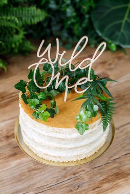 partydeco Tortenstecker, Cake Topper Wild One aus Holz 22cm Geburtstagsdeko 1 Jahr Natur