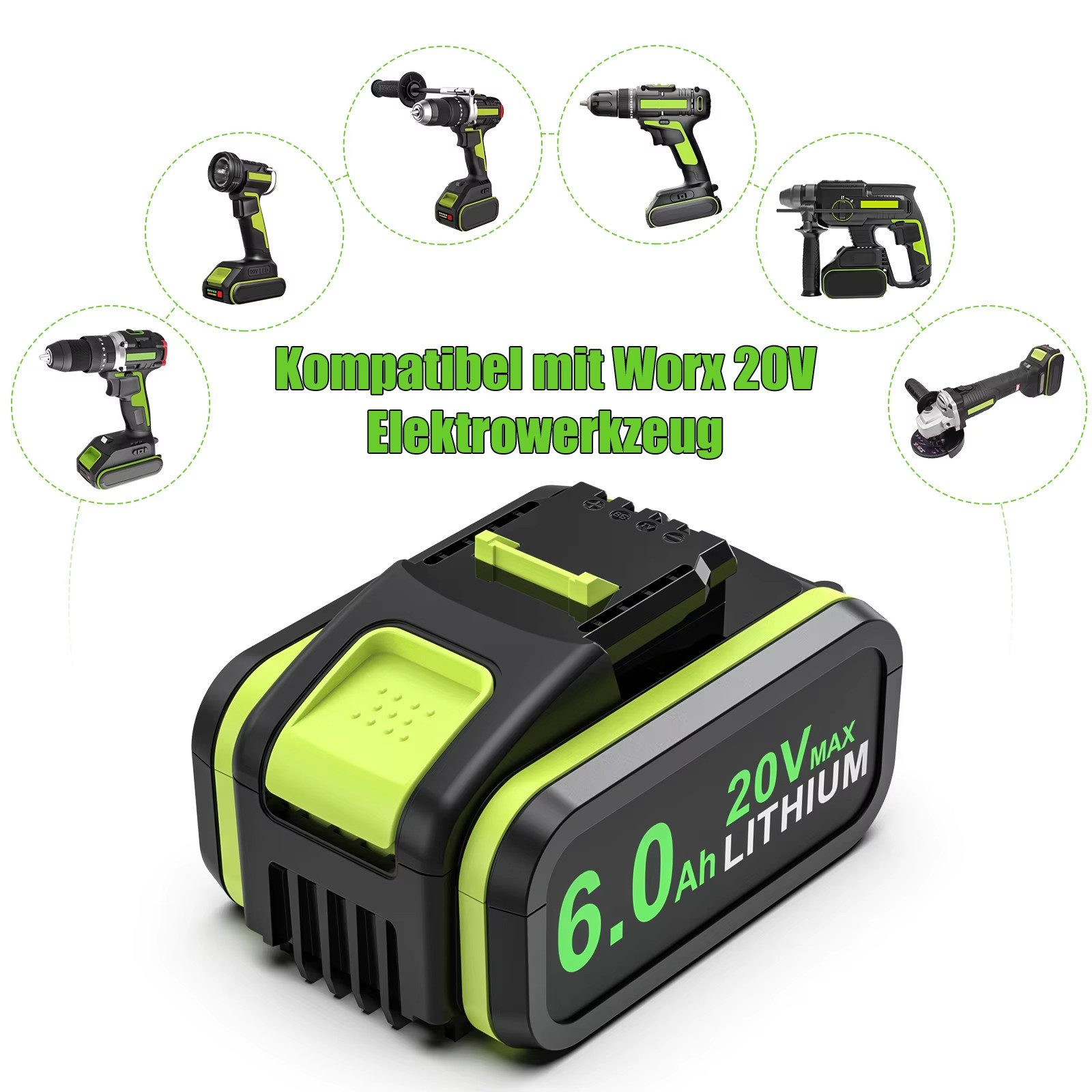 Athlix Ersatz Akku 6,0 Ah für Worx 20-V-Akku, WA3572 WA3553 WX390 WA3551 Akkupacks (2 St), 6000 mAh, 20 % längere Laufzeit, für Worx Geräte