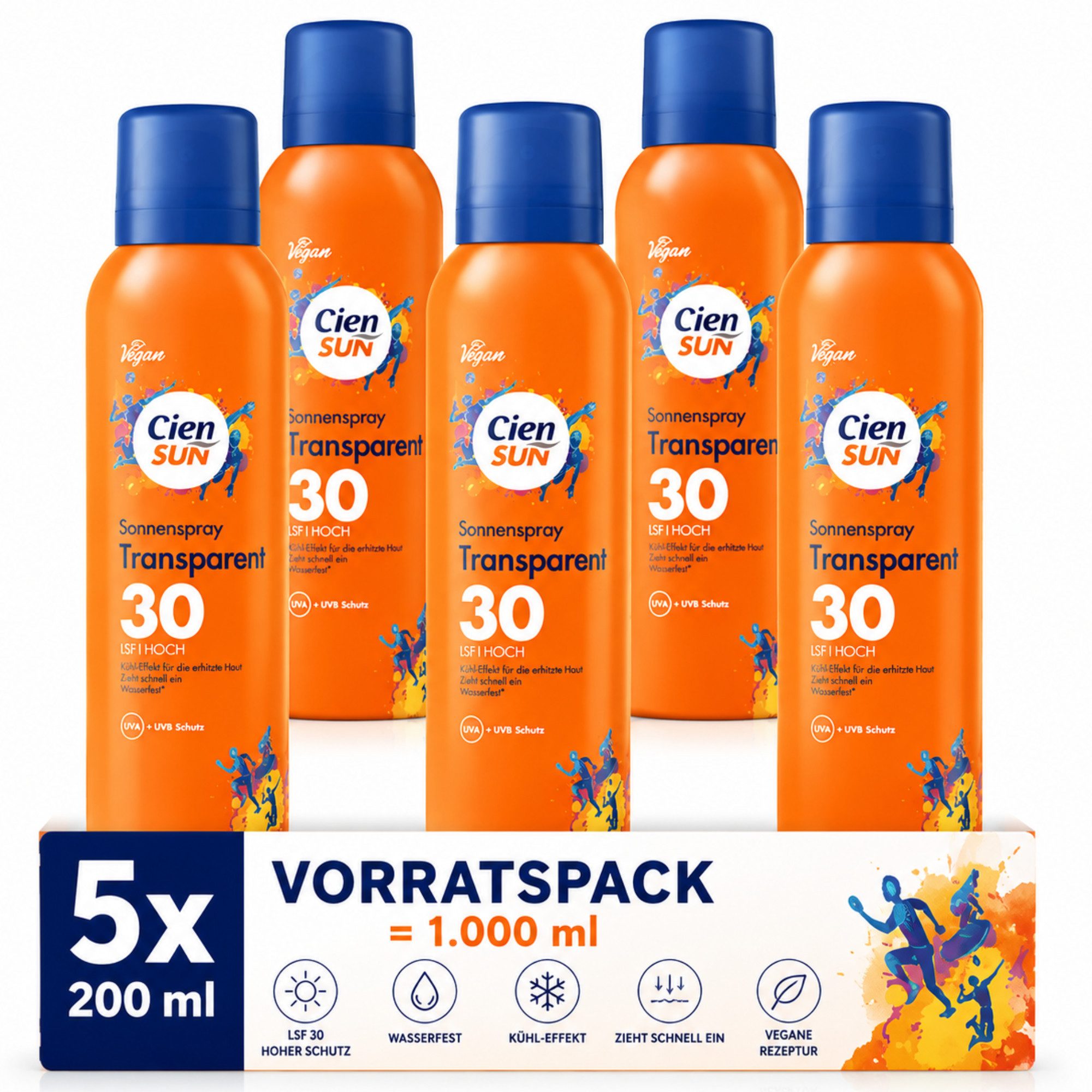 Cien Sonnenschutzspray Transparentes Sonnenspray LSF 30 5 × 200 ml Vorratspack, Spar-Set, 5-tlg., Transparent, schnell einziehend, wasserfest, Kühl-Effekt