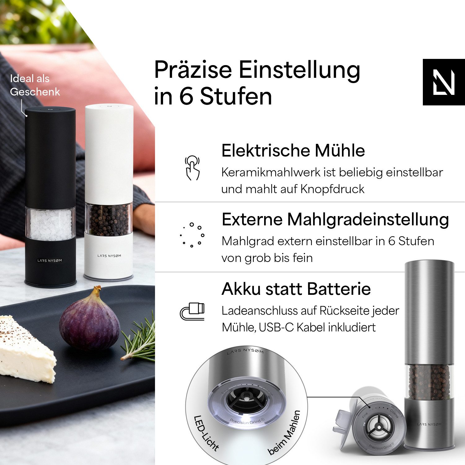 LARS NYSØM Gewürzmühle Stød praktische Einhandbedienung per Drucktaste, (2 Stück), elektrische Salz- & Pfeffermühle mit eingebautem LED-Licht
