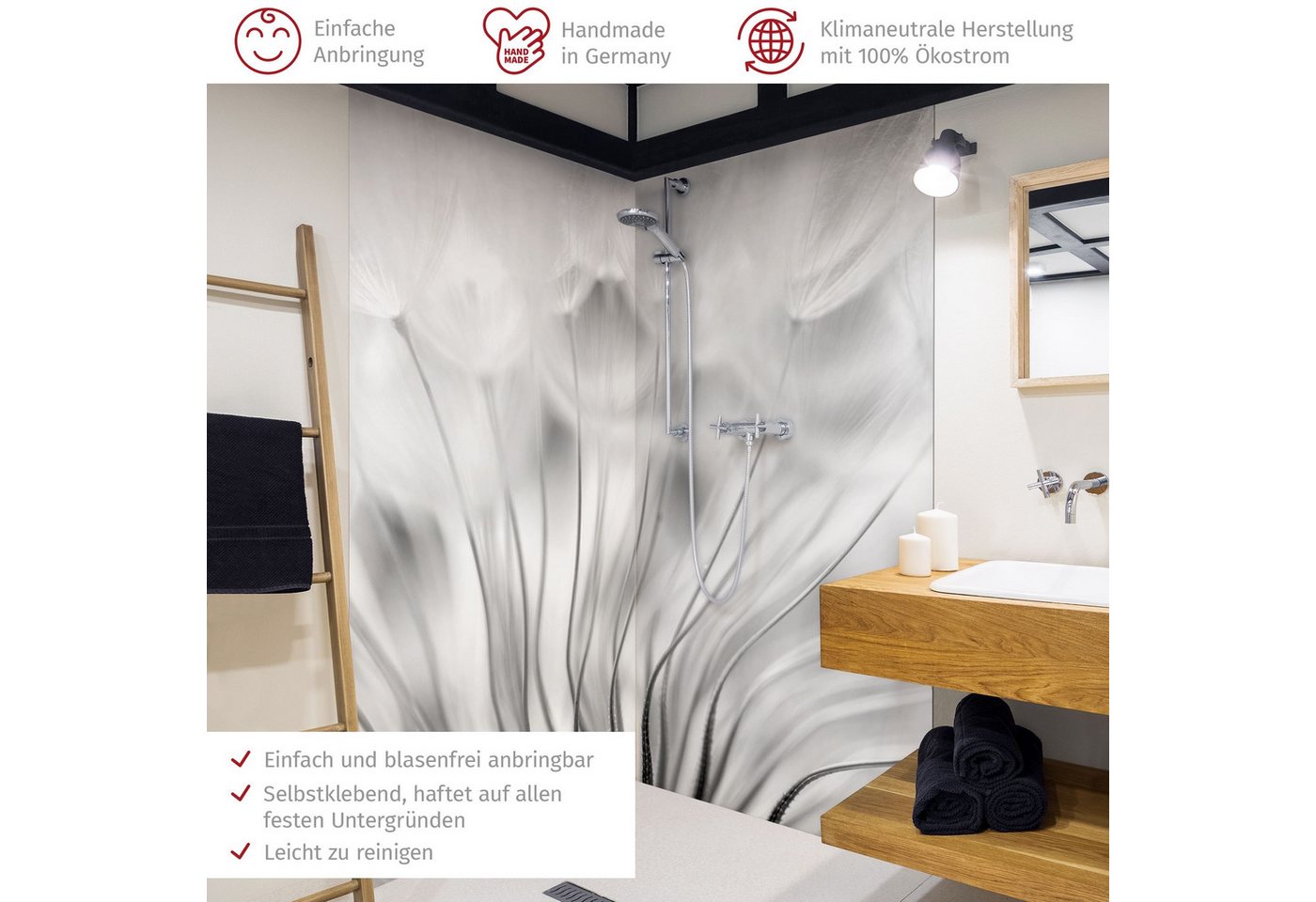 Thumbnail - Bilderdepot24 Badrückwand Landhaus schwarz weiß Duschrückwand ohne Bohren Dusche, (2-tlg., Hart-Folie Premium matt 0,61 ...