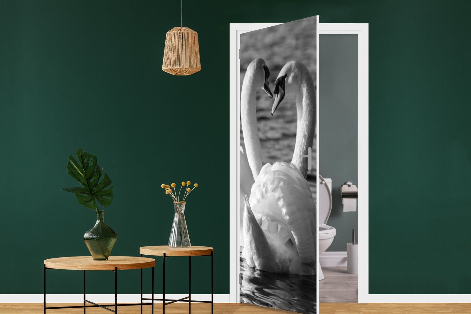 auf cm MuchoWow Tür, bedruckt, (1 Matt, Türtapete Zwei Türaufkleber, Schwäne Wasser, St), für dem Fototapete 75x205