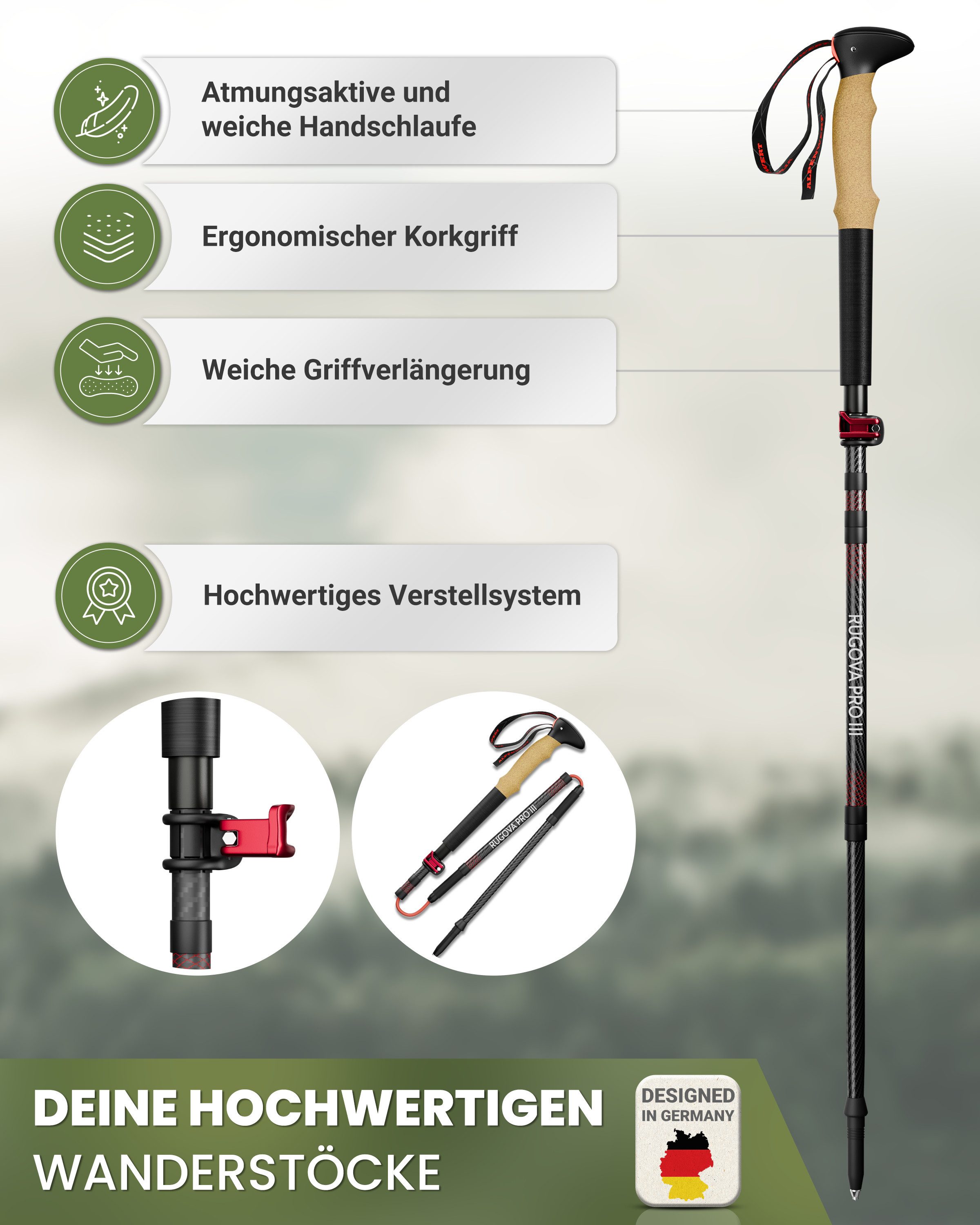 Alpenwert Wanderstöcke faltbar Nordic Walking Stöcke Damen Herren Trekkingstöcke Trekking (NEUHEIT, 12 Teiliges Set), Wanderstöcke Faltbar