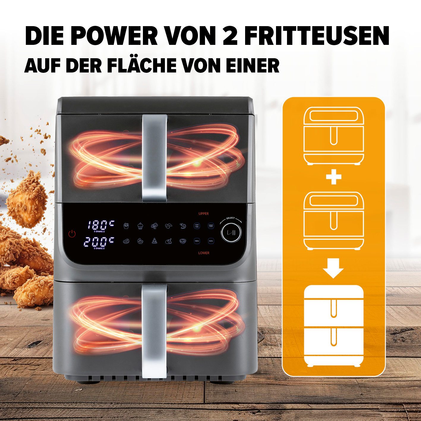 GOURMETmaxx Heißluftfritteuse, 2500 W, 2 Ebenen Air Fryer Smart-Cook-Funktion 10 Programme 6 Funktionen