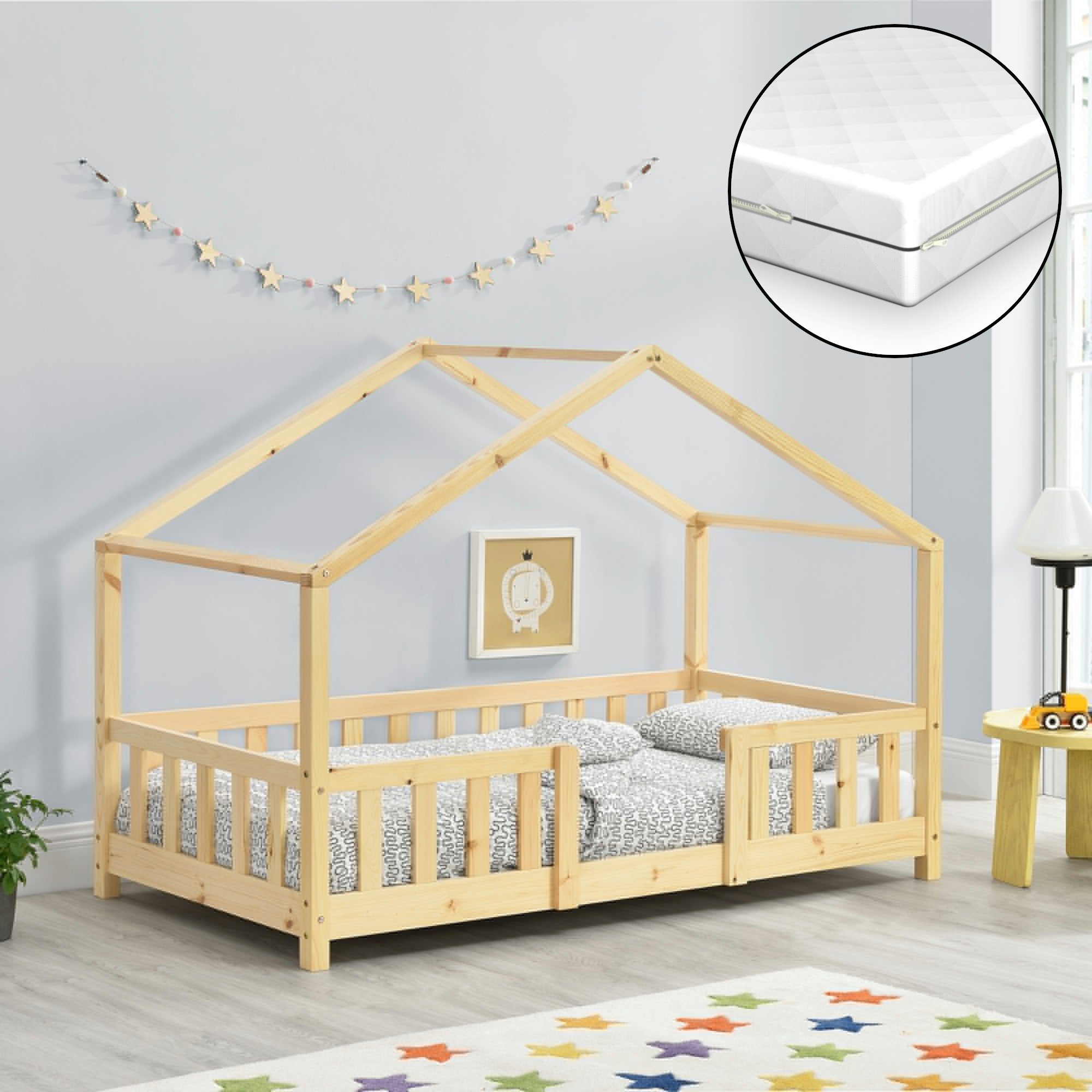 Kinderbett mit Rausfallschutz 70x140cm Haus Holz Weiß Bettenhaus Hausbett Bett 
