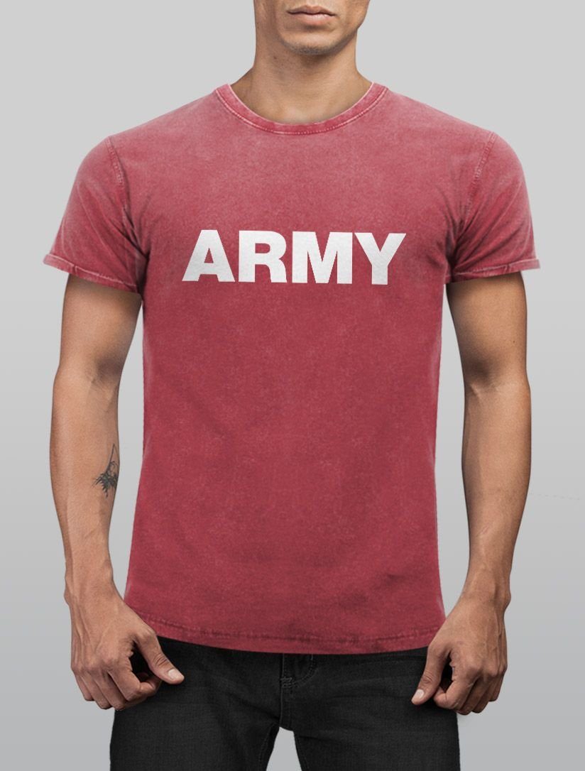 mit Fit Herren Neverless® Army Shirt Print-Shirt Printshirt Vintage Slim rot Print Used Neverless T-Shirt Look