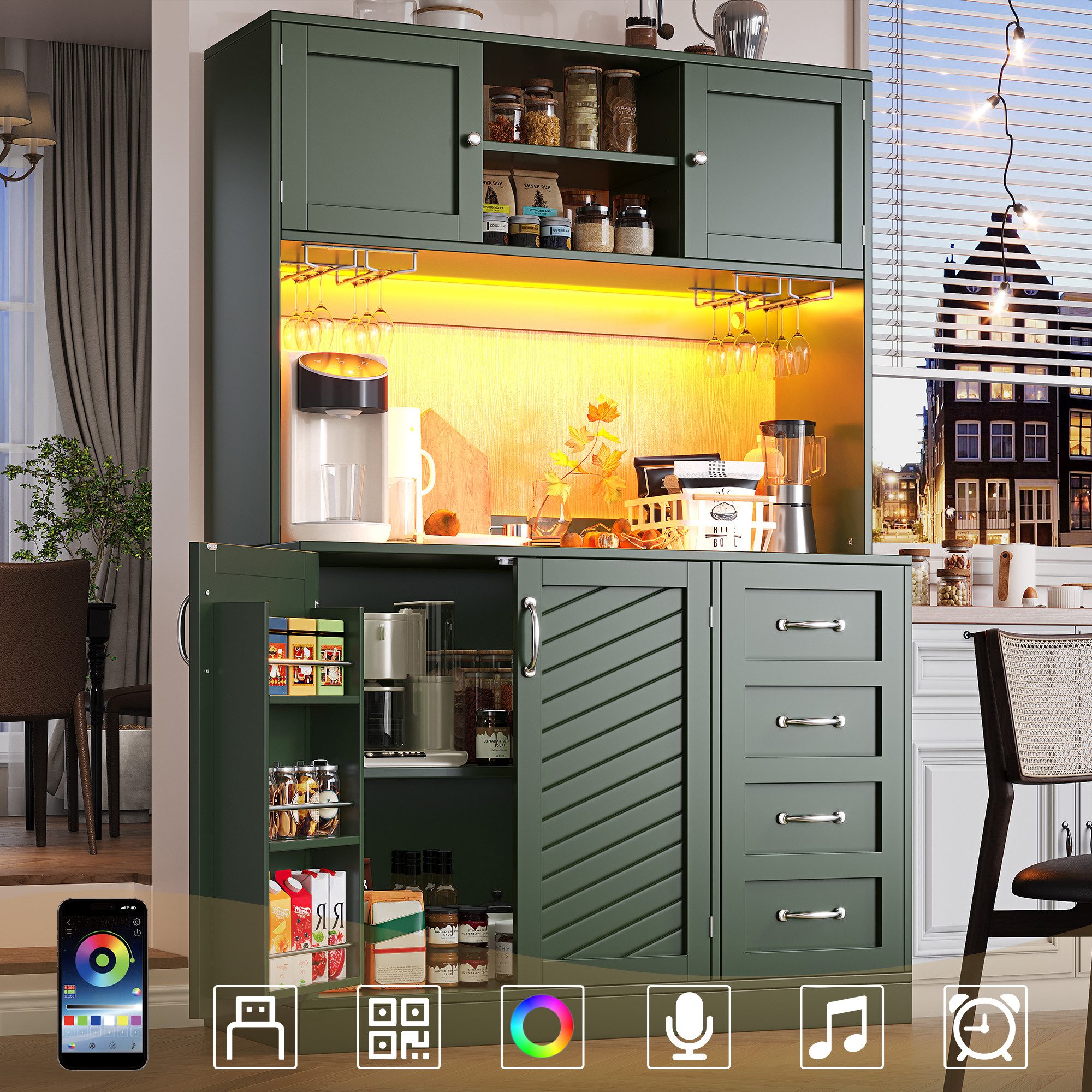 Flieks Küchenbuffet mit LED-Beleuchtung, Gläserhalter, Schubladen und Türablagen (1-St., B120/T40/H188 cm) Hochschrank Küchenschrank Geschirrschrank mit Arbeitsplatte Grün