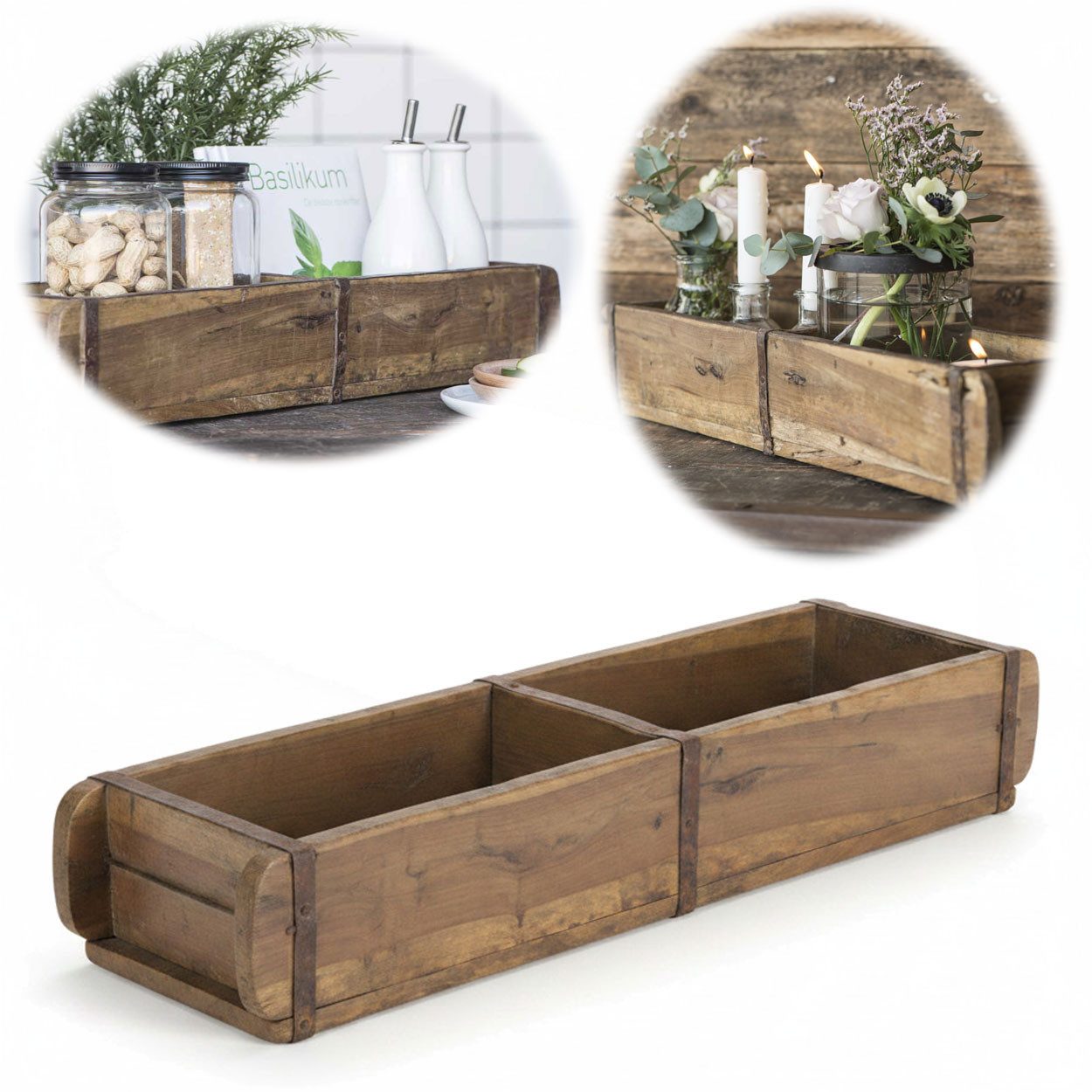 LS-LebenStil Kiste IB Laursen XL Holz Ziegelform 57cm Unika Braun 2-fach Aufbewahrungsbox (echte alte Backsteinform, 1 St., Original Unika - Rustikal - Holzbox Holzkiste Holzkasten Pflanzkübel), Ordnungsbox doppelt Allzweckkiste Aufbewahrungskiste