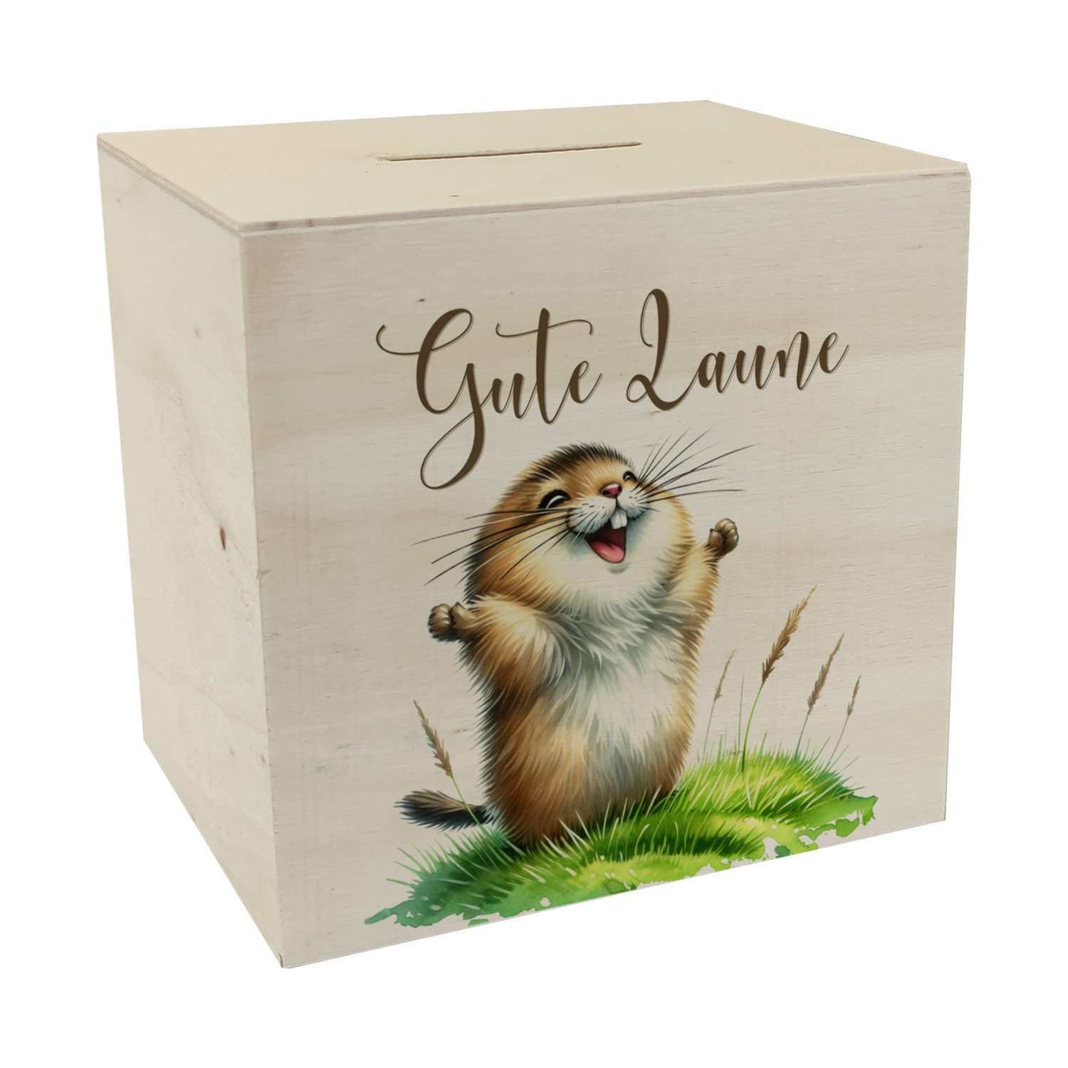 Spardose jubelnder Lemming Spardose aus Holz mit Spruch Gute Laune