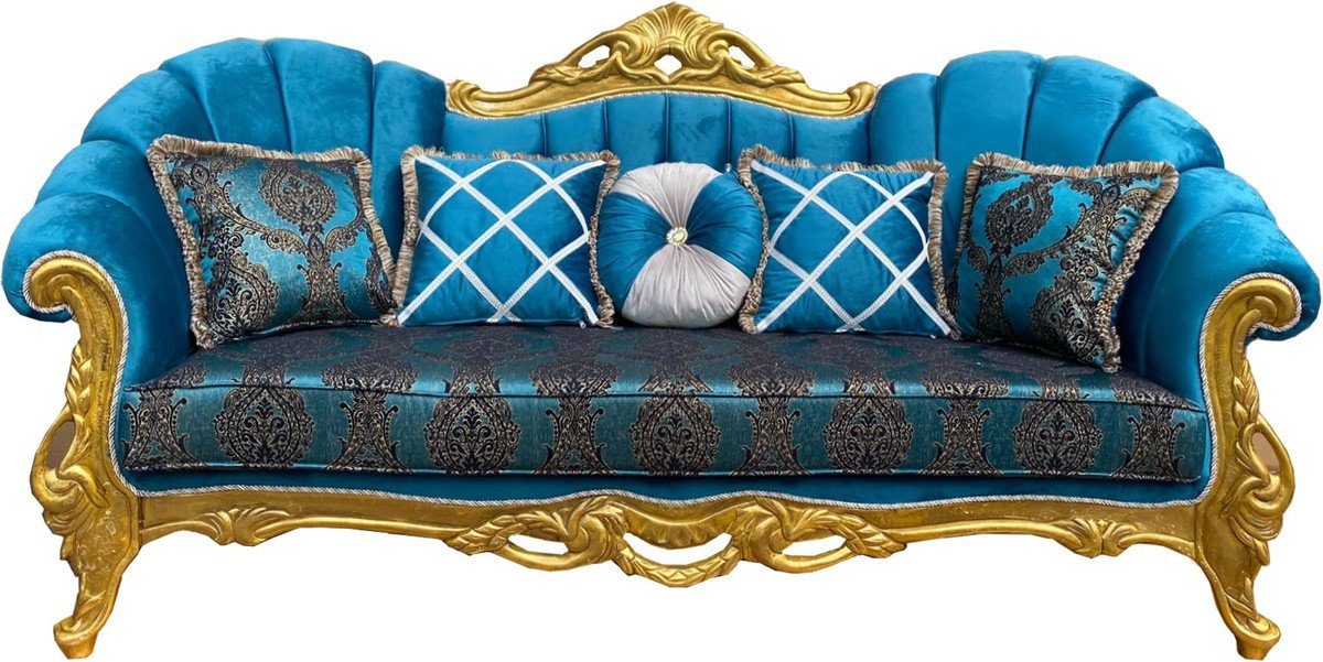 cm Wohnzimmer und 110 x 220 Glitzersteinen - mit Sofa Sofa / H. Türkismuster Luxus Padrino Kissen x Sofa Gold Casa Prunkvolles dekorativen Barock 90