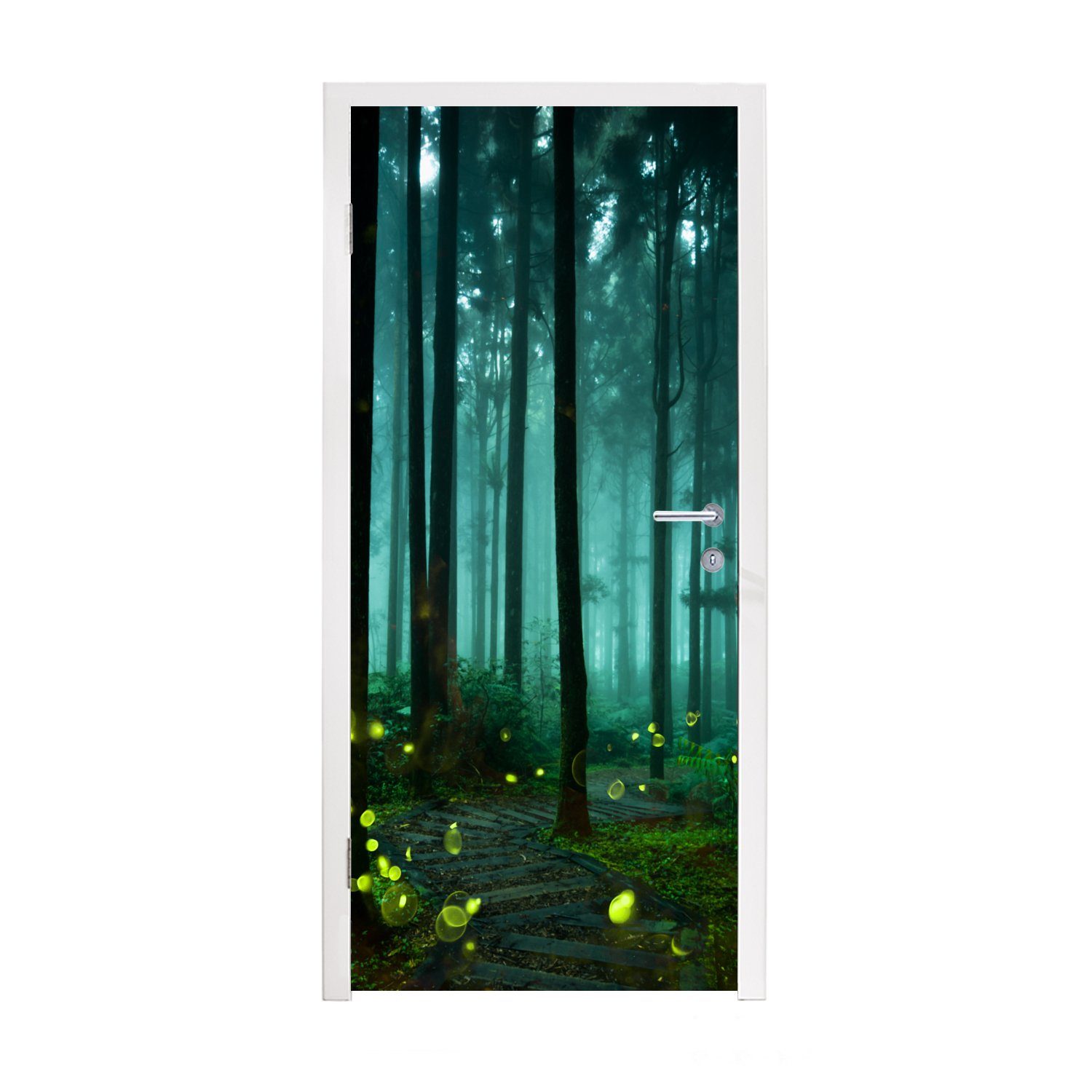MuchoWow Türtapete Glühwürmchen beleuchten einen Wald, Matt, bedruckt, (1 St), Fototapete für Tür, Türaufkleber, 75x205 cm