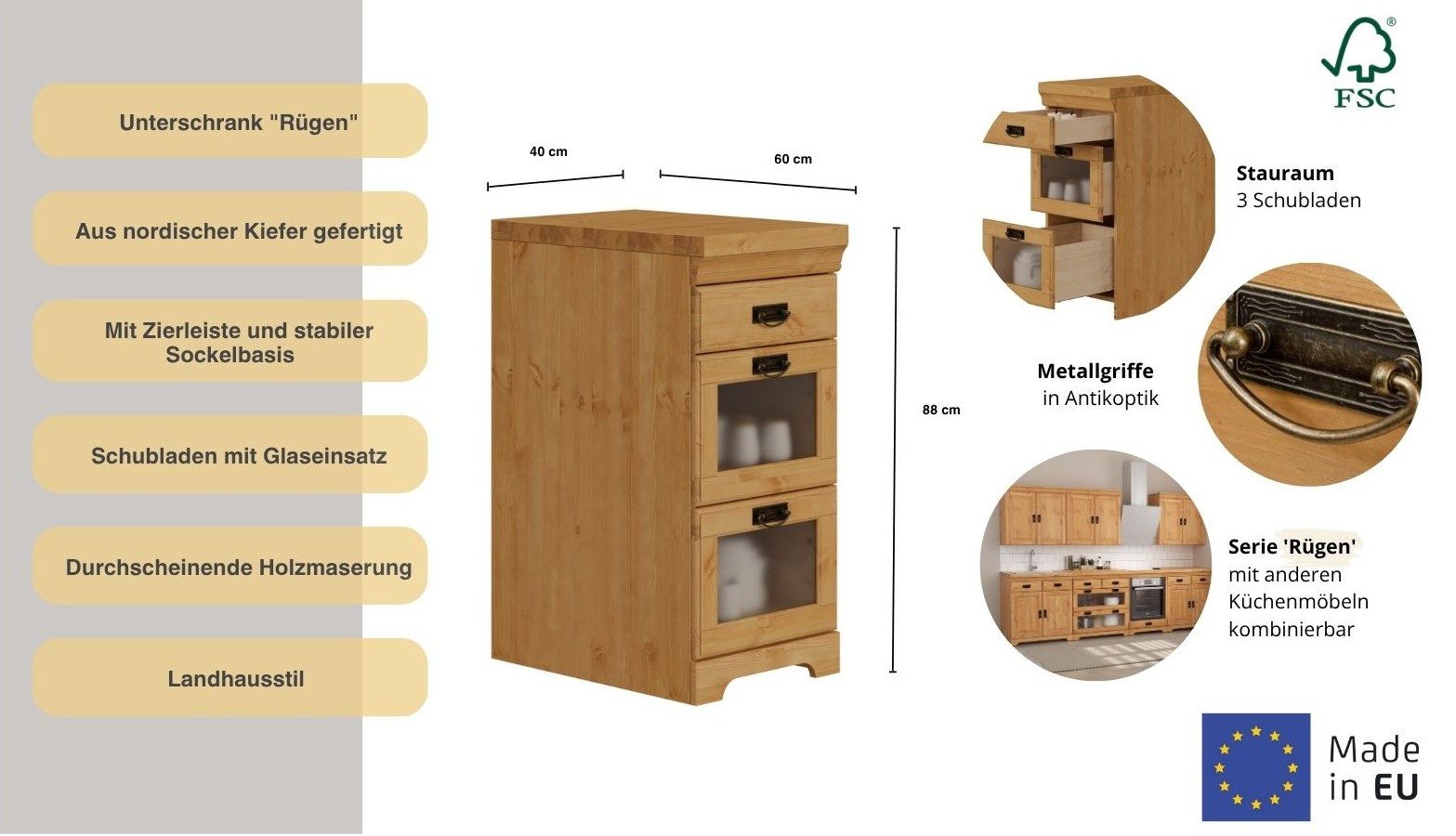 OTTO home Unterschrank Rügen Breite 40 cm, Kiefer massiv, Schubkästen mit Glaseinsatz – Bild 3 von 5