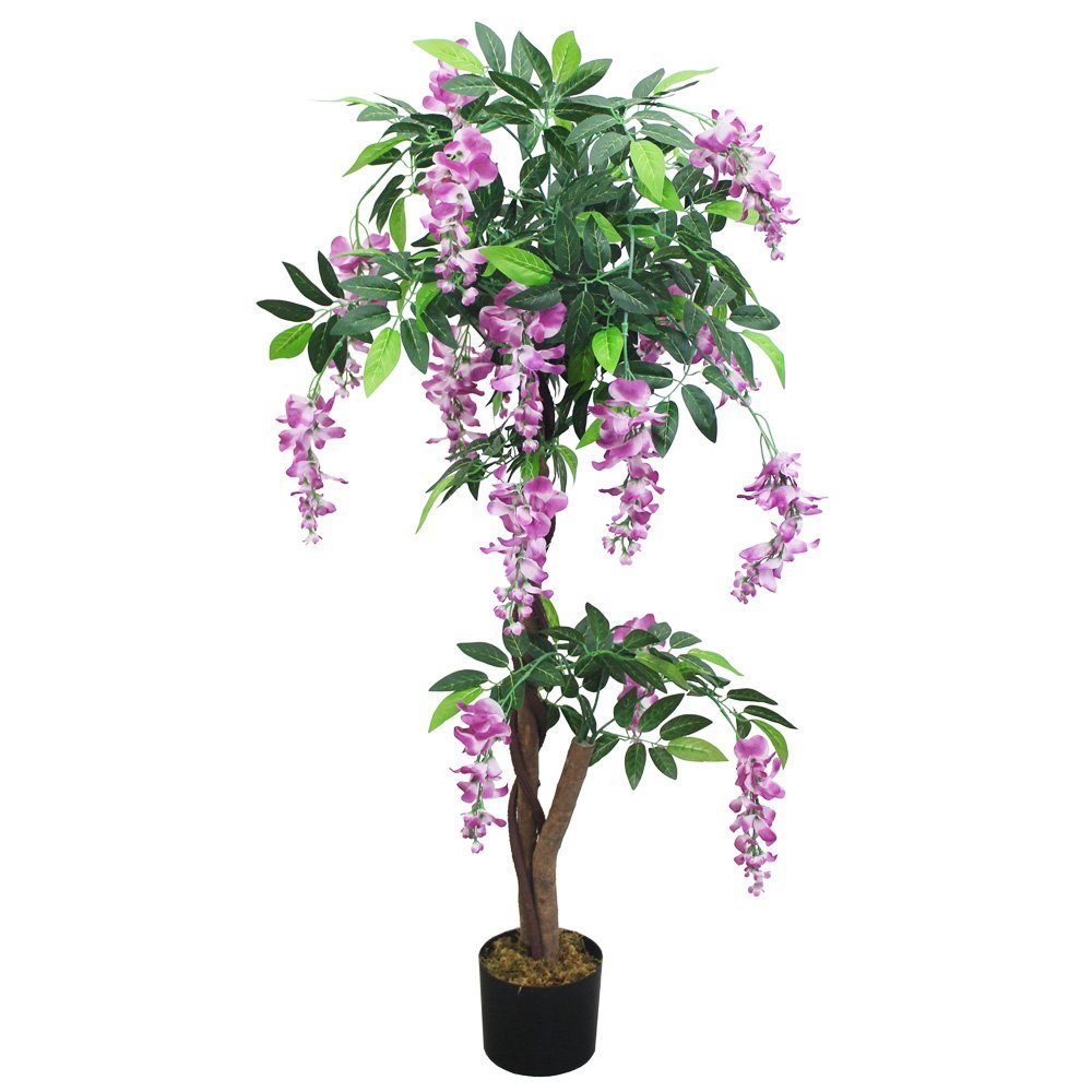 Kunstpflanze Blauregen Wisteria Glyzinie Künstliche Pflanze mit Echtholz 120cm Decovego, Decovego