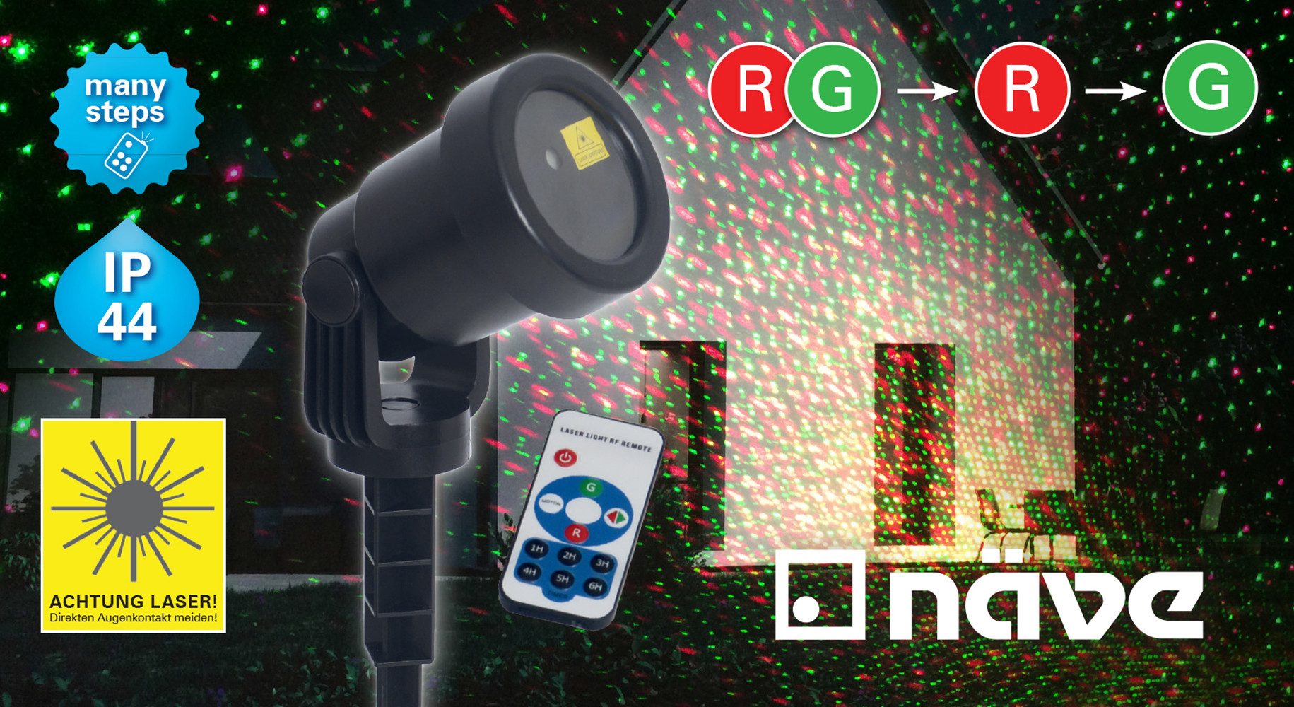 näve LED Gartenleuchte Projektor, LED fest integriert, Laser, Effektbeleuchtung Außenerdspieß, div. Programme, Farbspiel rot/grün