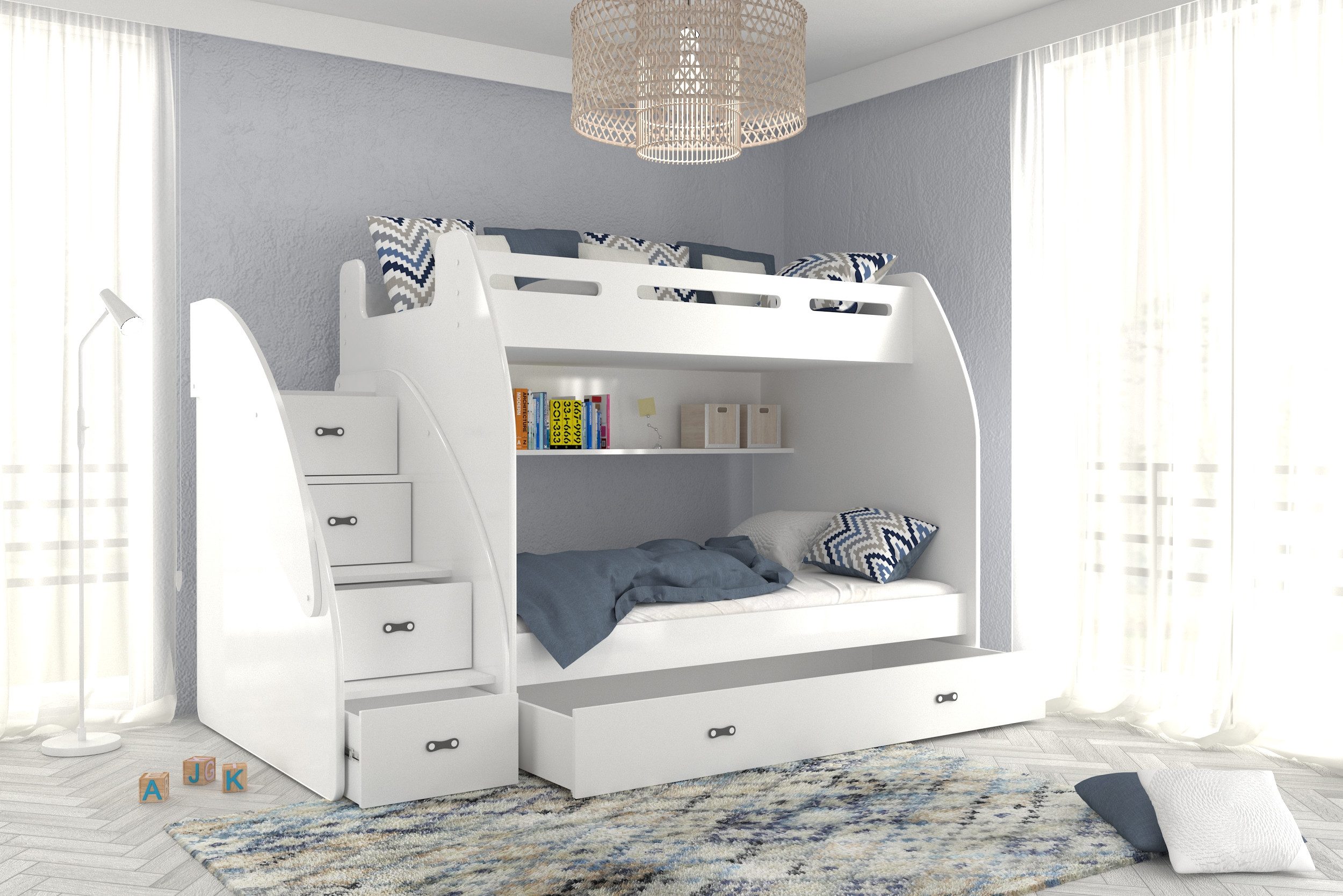Hochbett Etagenbett 90x200 / 120x200cm, Treppe und Ausziehbett für 2 Kinder