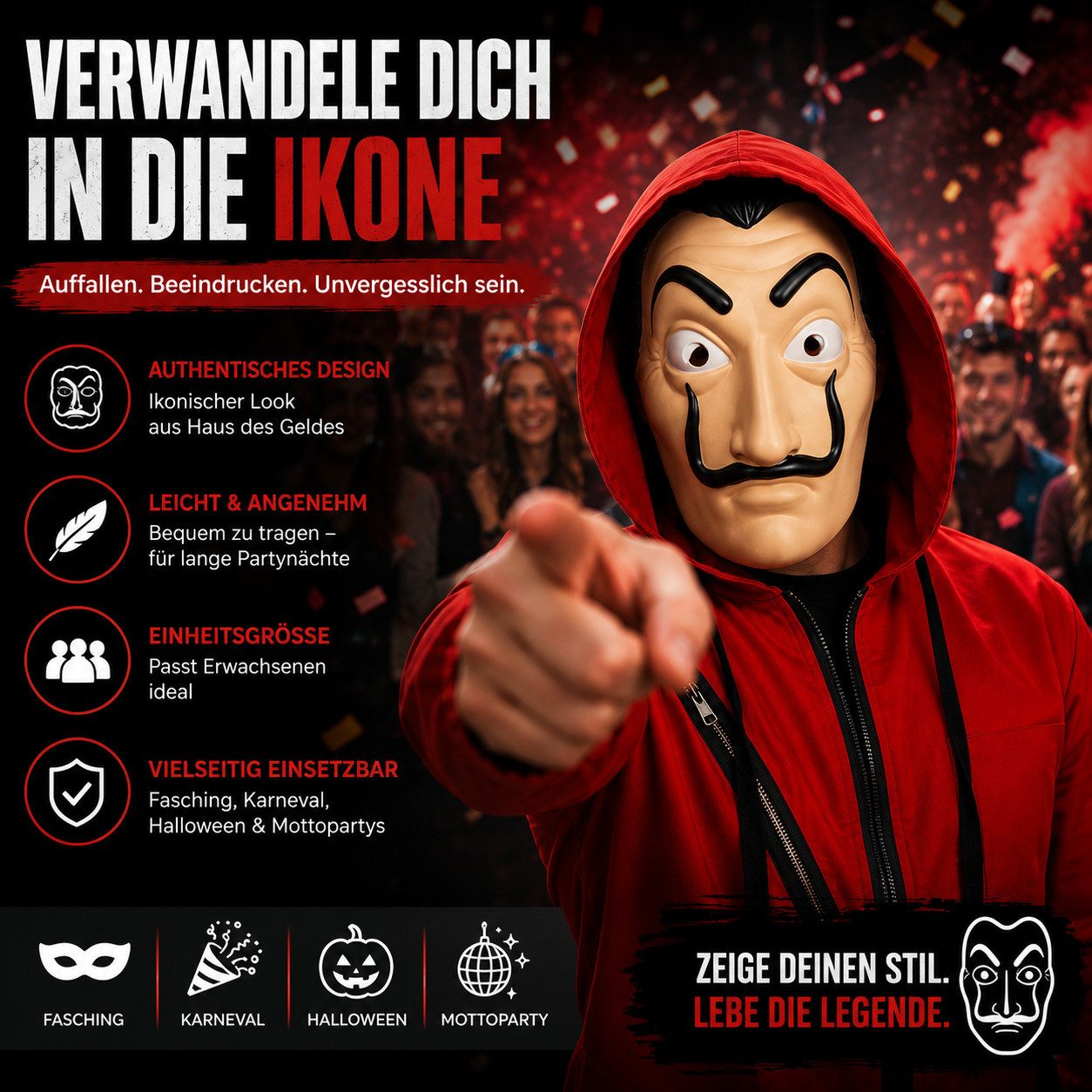 Kostümheld® Verkleidungsmaske 1x Maske Haus des Geldes casa del papel Bella Ciao Haus Kostüm, (1er Set, 1-tlg., 1-teilig)