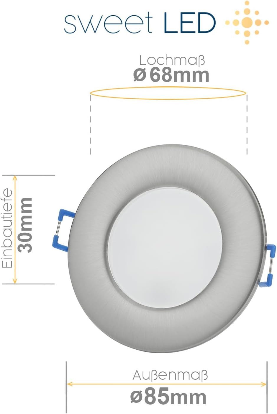 Sweet LED LED Einbaustrahler 10er SET 6500K kaltweiß 6,5W flach Chrom Bad Einbauspots IP44 230V, Kaltweiß, 6500K, Deckenspots, Ø 85 mm, Einbauleuchte