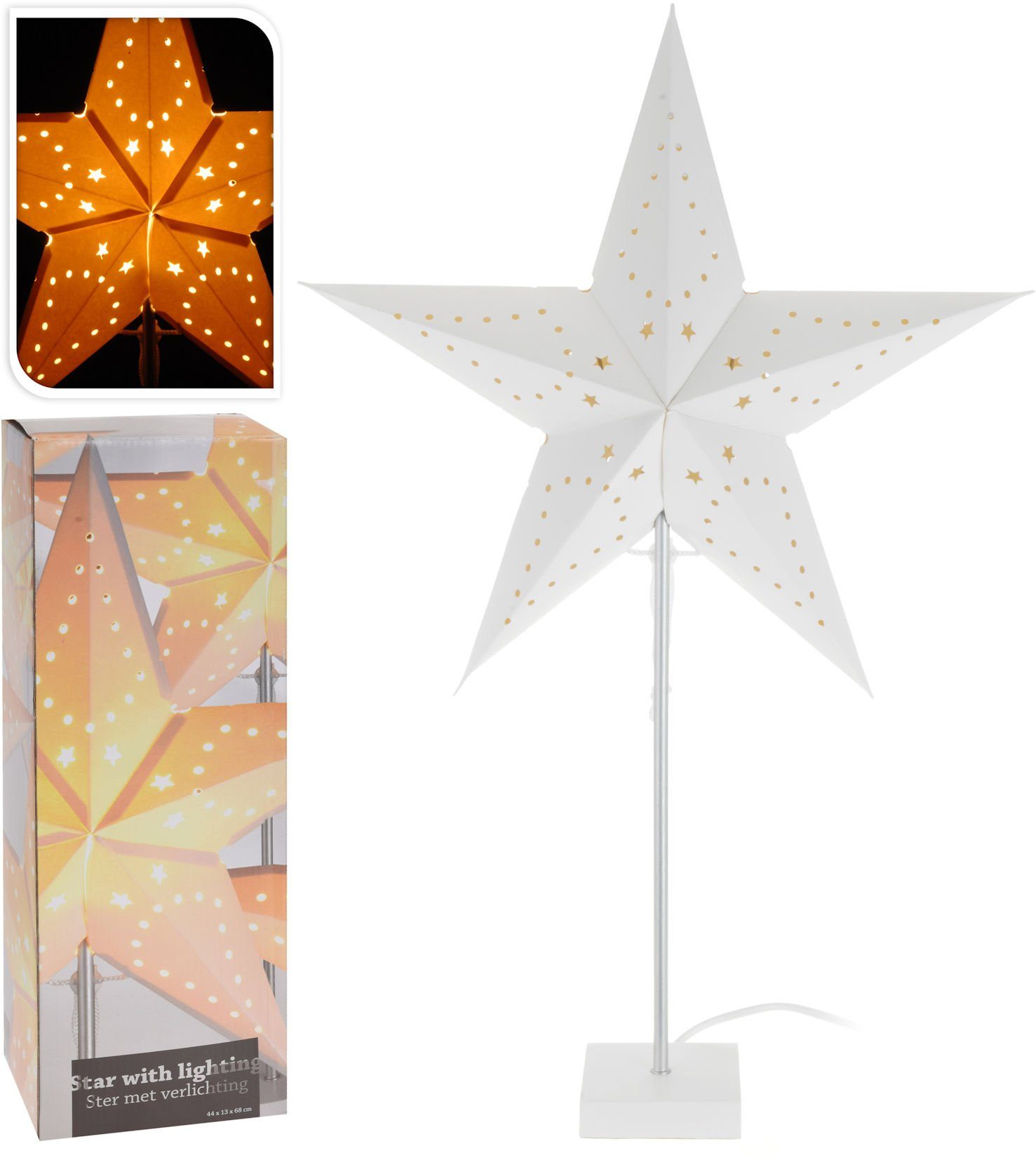 Spetebo LED Stern Sternenlampe 44x13x68 cm - Star with lighting -, warmweiß, Stern Tischlampe mit Papier Lampenschirm - Weihnachten Advent Winter