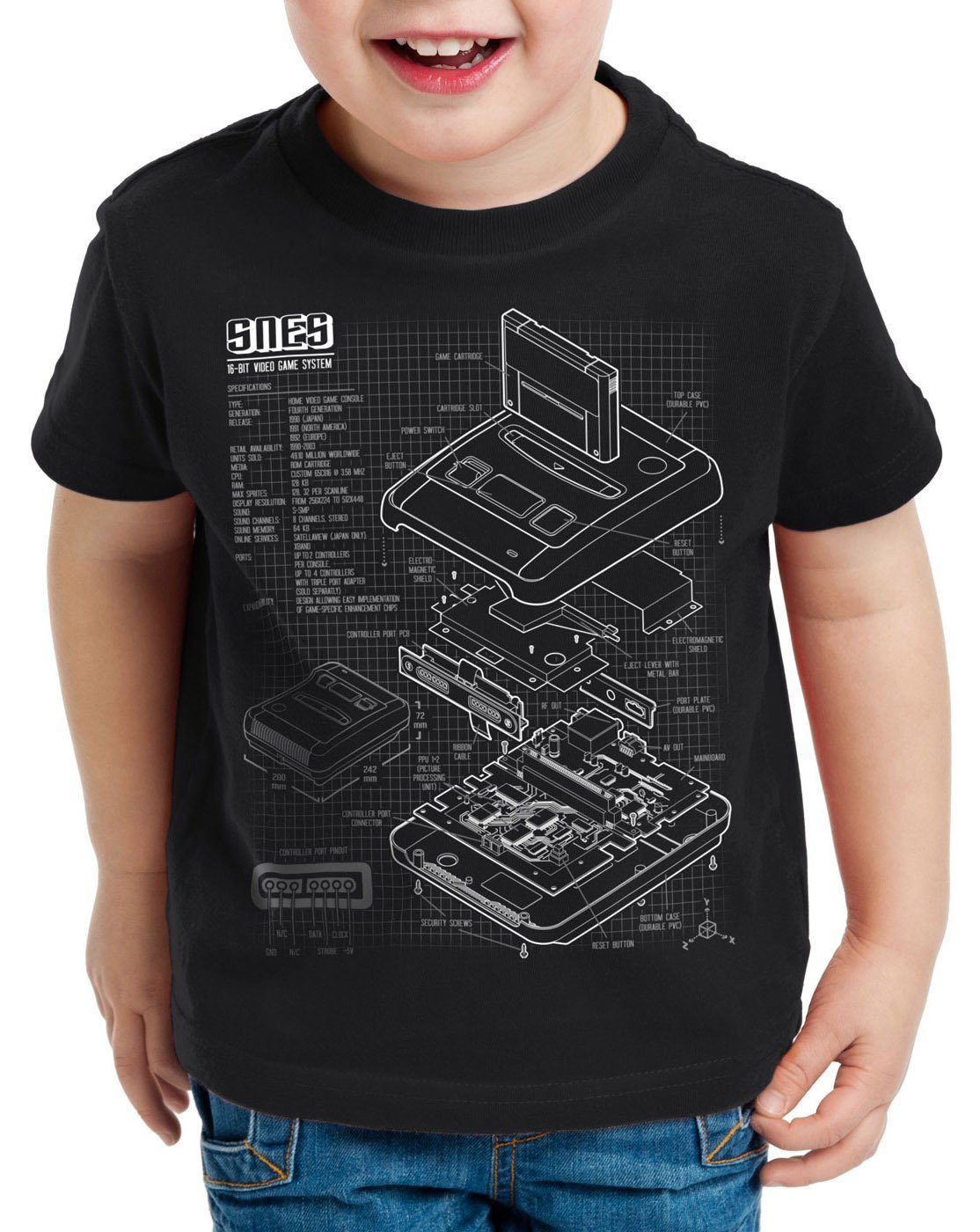 style3 Print-Shirt Kinder T-Shirt SNES Blaupause 16-Bit Videospiel schwarz