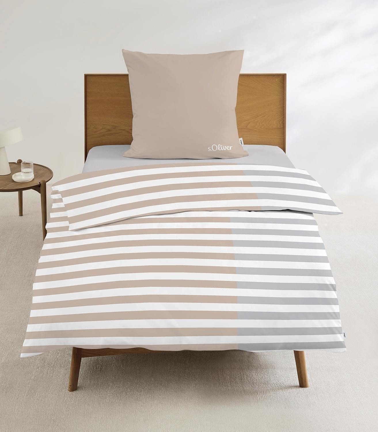 s.Oliver Bettwäsche NILO, 155 x 220 cm, Beige, Grau, Weiß, gestreift, Baumwolle, 2 teilig, mit Reißverschluss