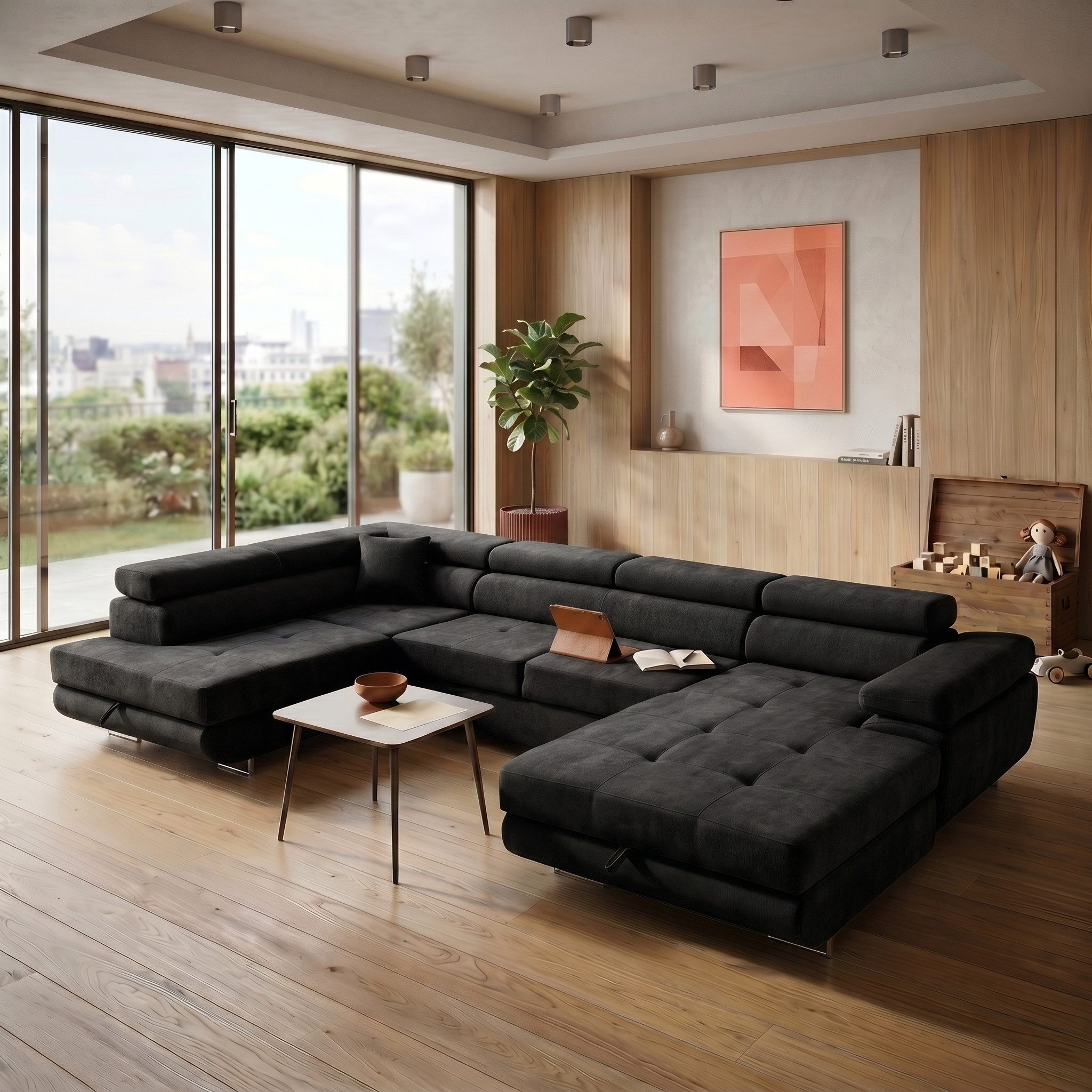 Muffo Ecksofa WILD U, Verstellbare Kopfstützen, elegante Metallbeine, 2 Bettzeugkasten, gelegentliche Schlaffunktion
