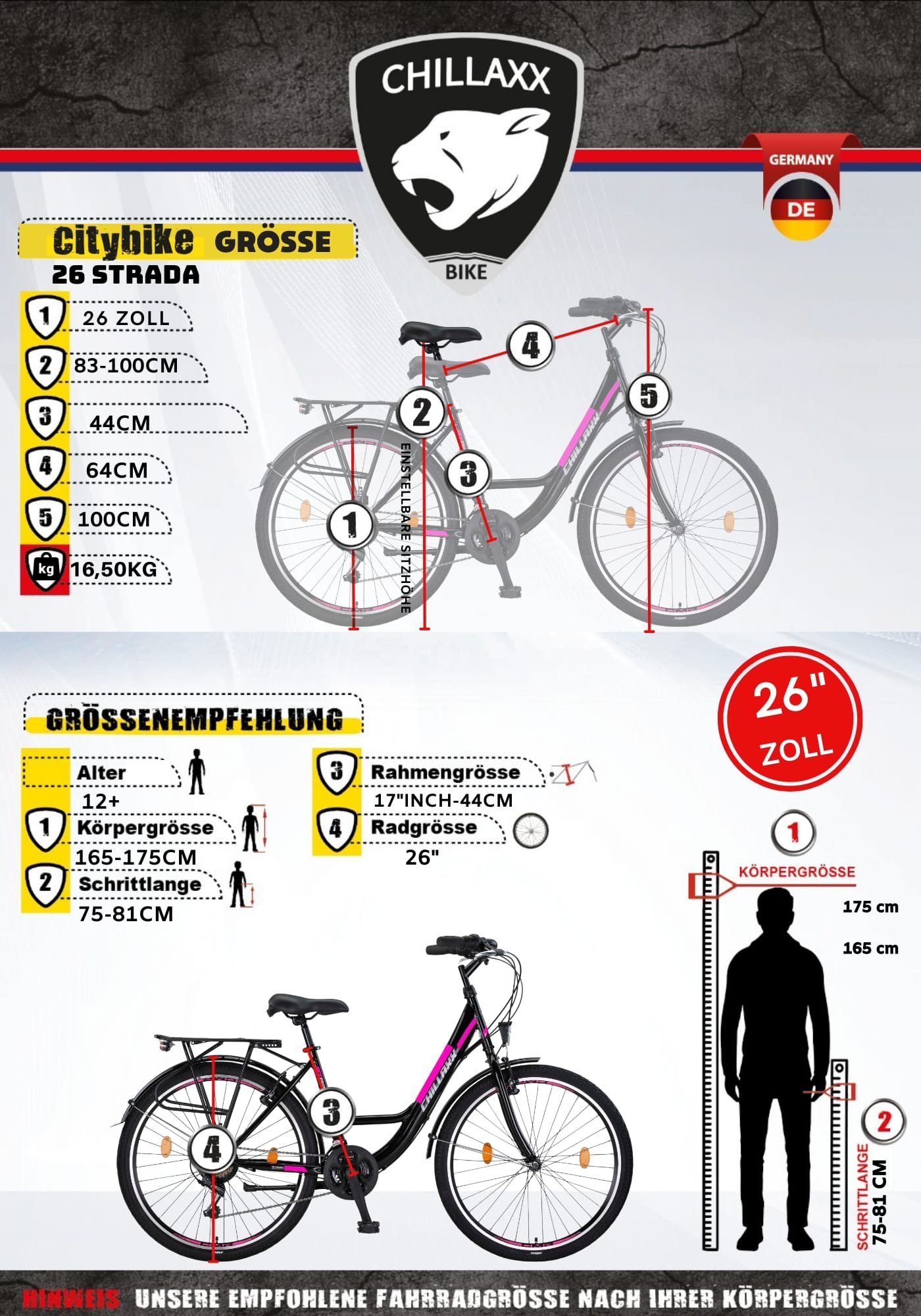 Chillaxx 24, Zoll Bike Strada in 28 Premium V-Bremse Cityrad Bike Chillaxx 26, City Schwarz