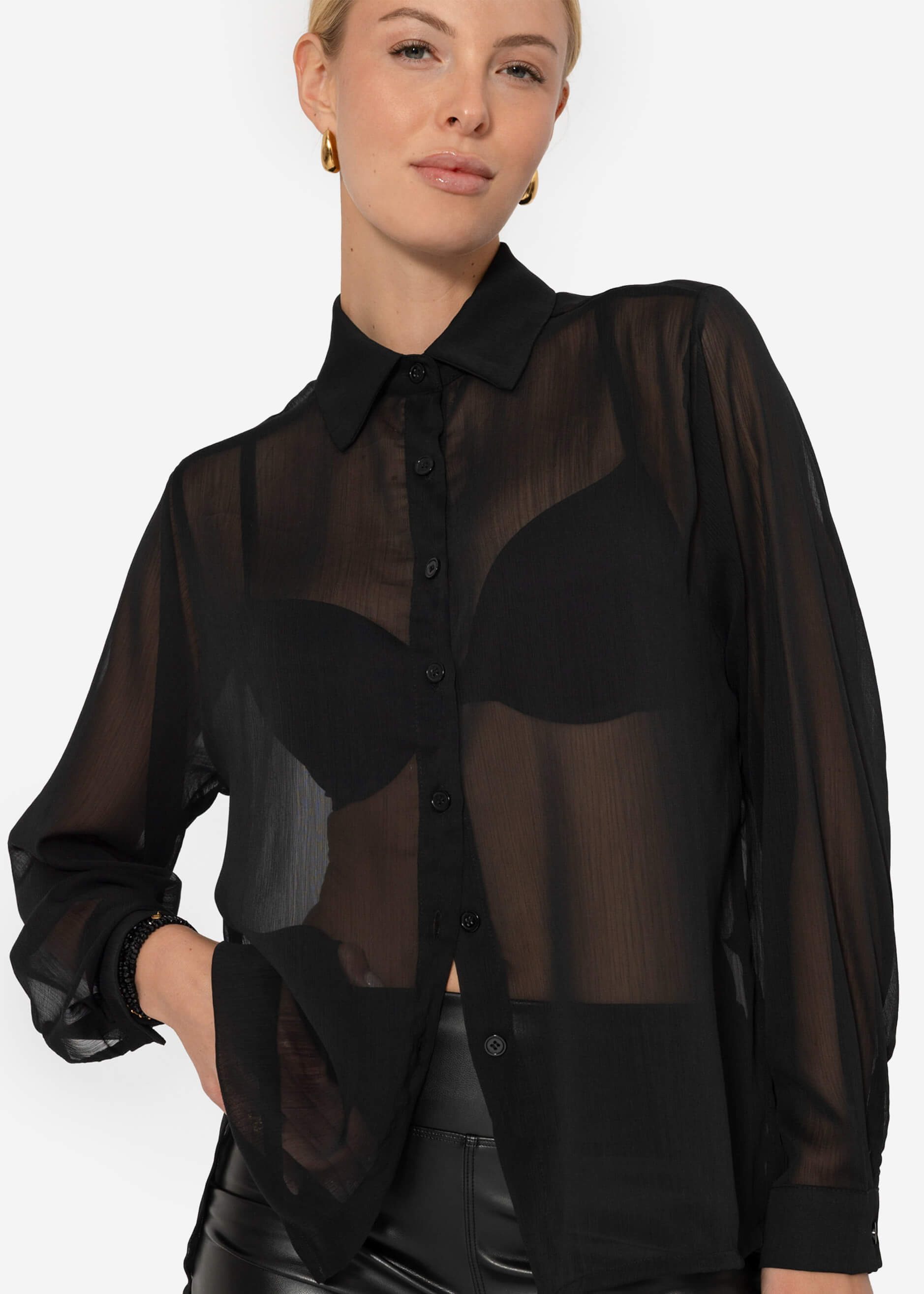 Langarmbluse Schwarze Chiffonbluse mit strukturiertem Design