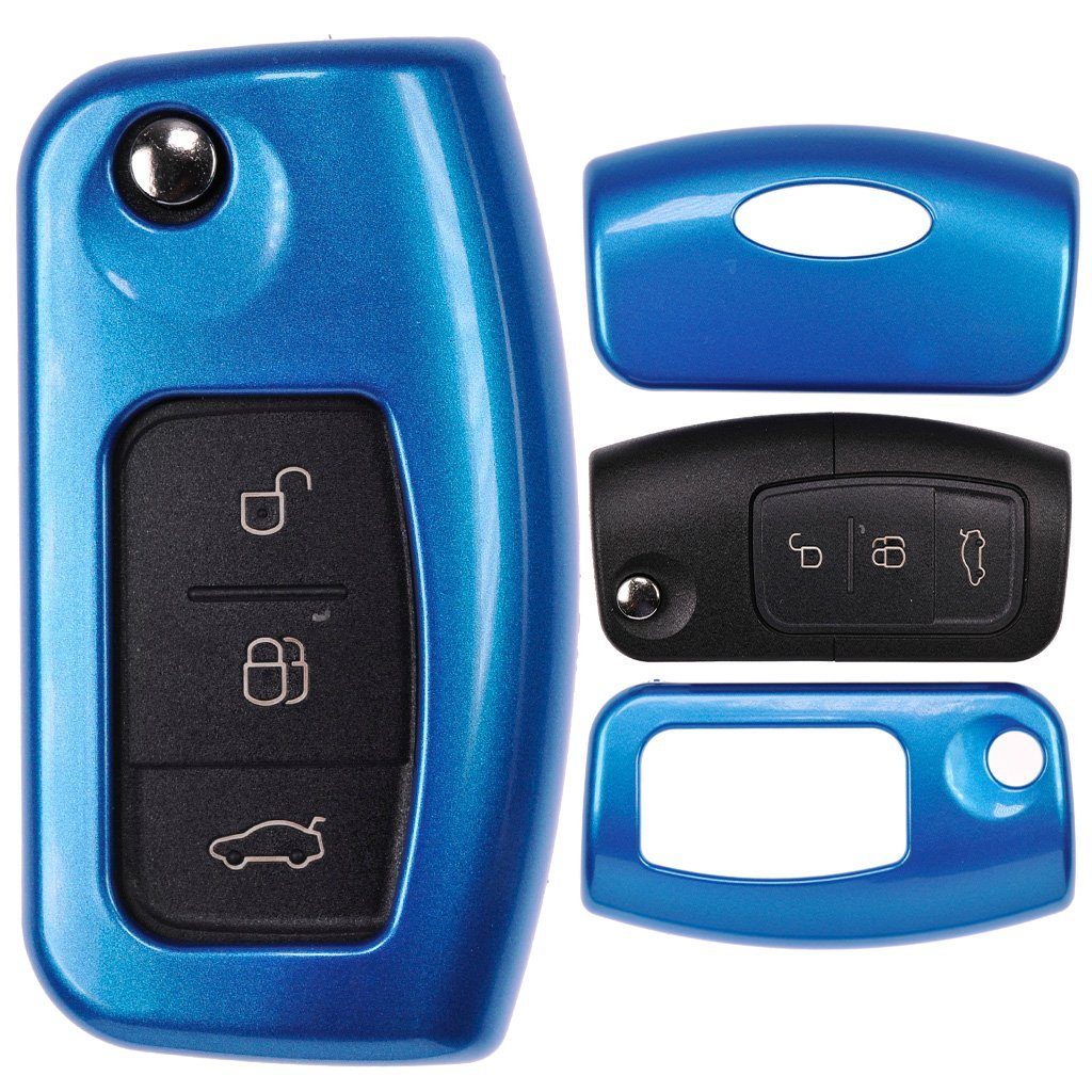 mt-key Schlüsseltasche Autoschlüssel Hardcover Schutzhülle Kuga Ford für C-Max Mondeo Fiesta Focus Metallic Blue, Klappschlüssel Blau S-Max Metallic