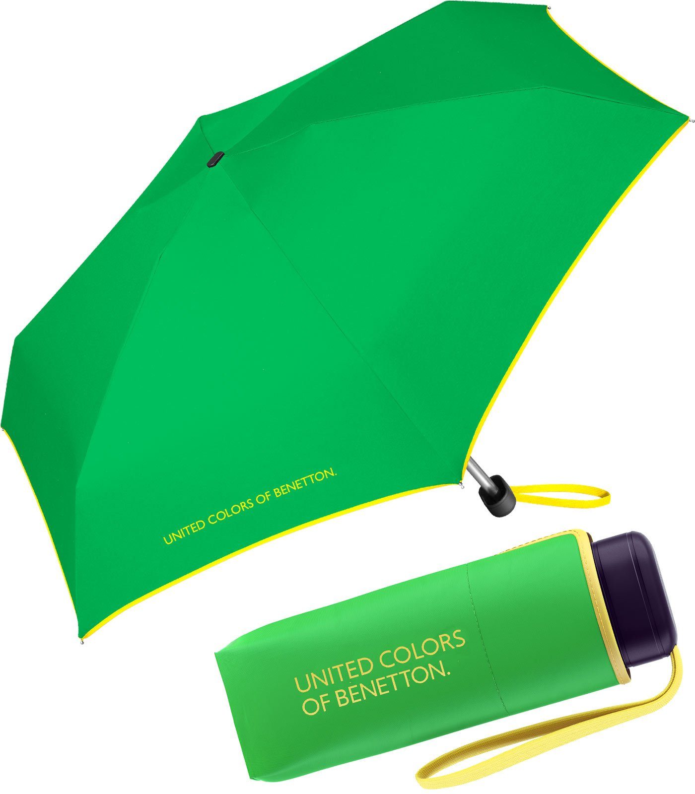 United Colors of Benetton Taschenregenschirm winziger Damen-Regenschirm mit Handöffner, mit Kontrastfarben am Schirmrand - grün-gelb