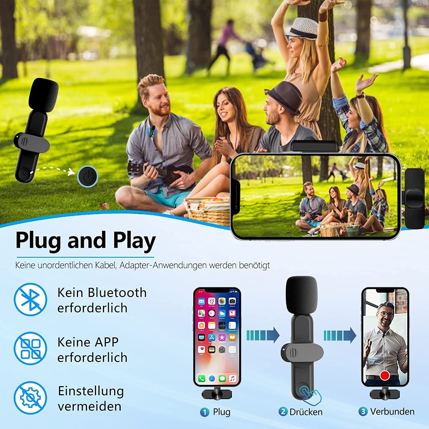 autolock Mikrofon Kabelloses Lavalier-Mikrofon,Mini Mikrofon für Smartphone, automatische Synchronisierung,Keine APP und Bluetooth erforden