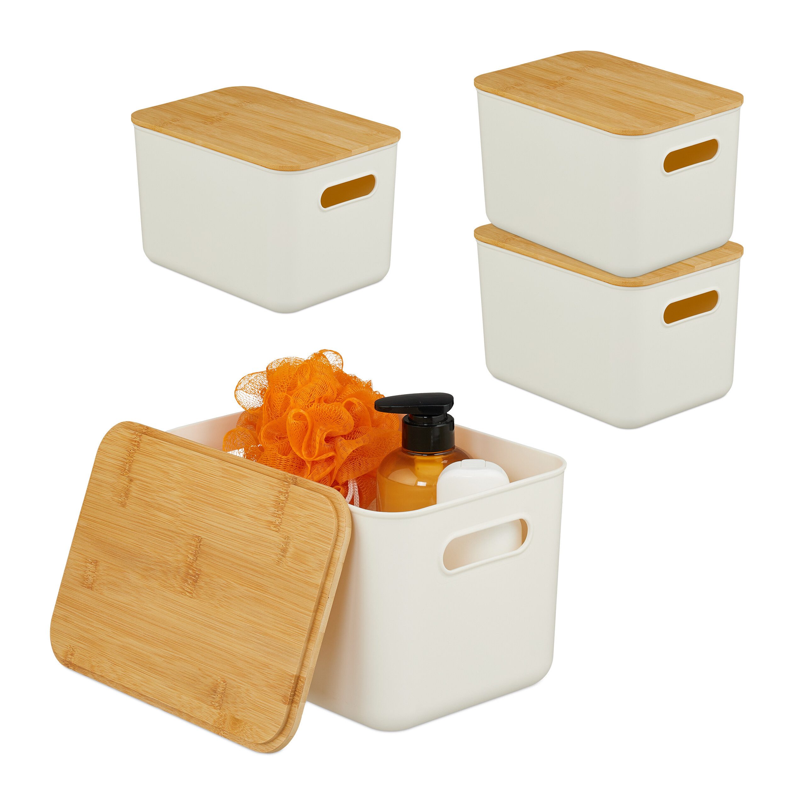 relaxdays Aufbewahrungsbox mit Bambusdeckel im Set, weiß, 4er-Pack S