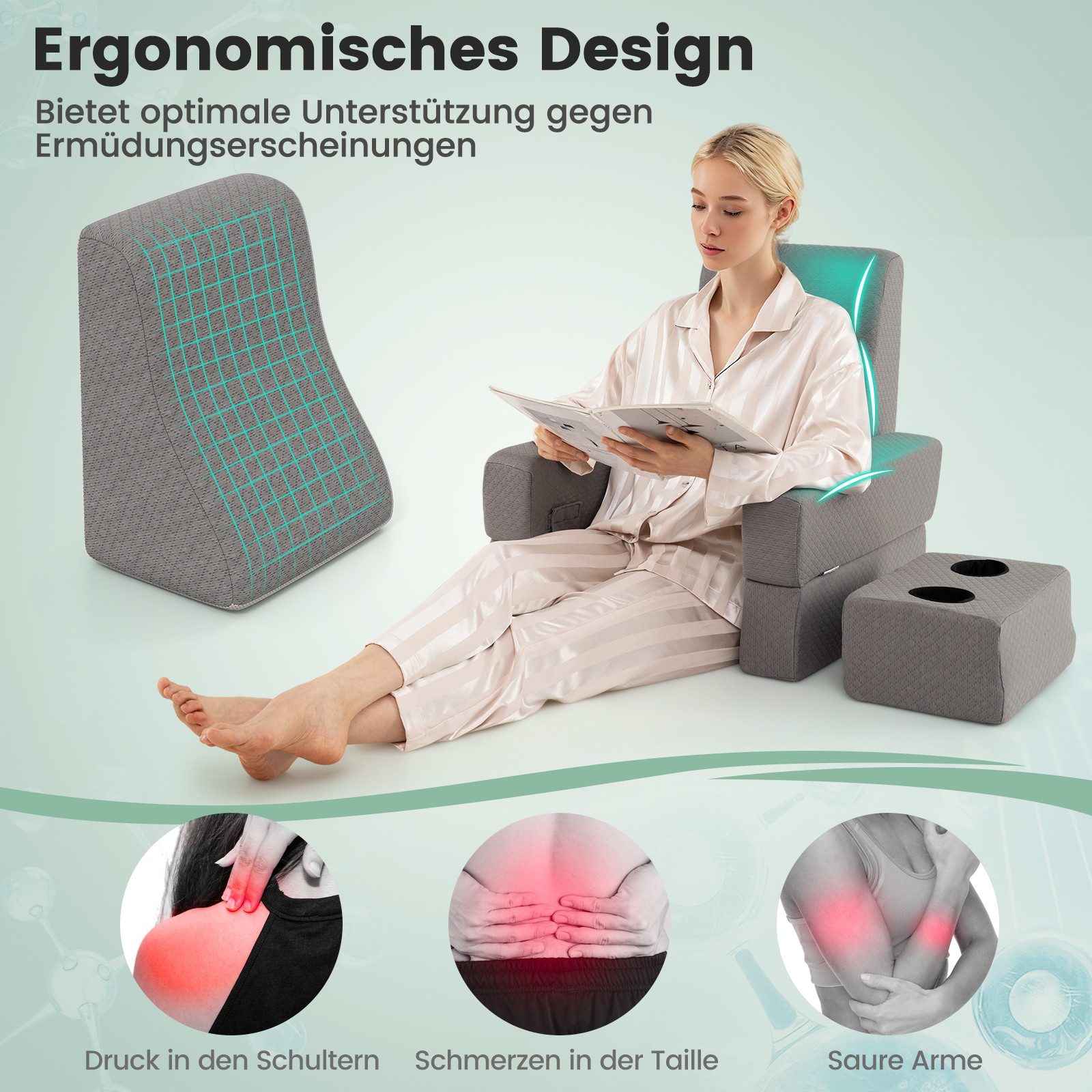 COSTWAY Rückenkissen, 3-tlg., Lesekissen für Bett und Sofa, Keilkissen-Set Grau – Bild 4 von 5