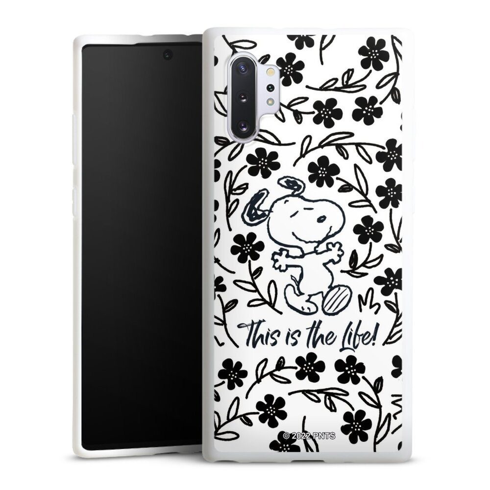 DeinDesign Handyhülle Peanuts Blumen Snoopy Snoopy Black and White This Is The Life, Samsung Galaxy Note 10 Plus Silikon Hülle Bumper Case Smartphone Cover