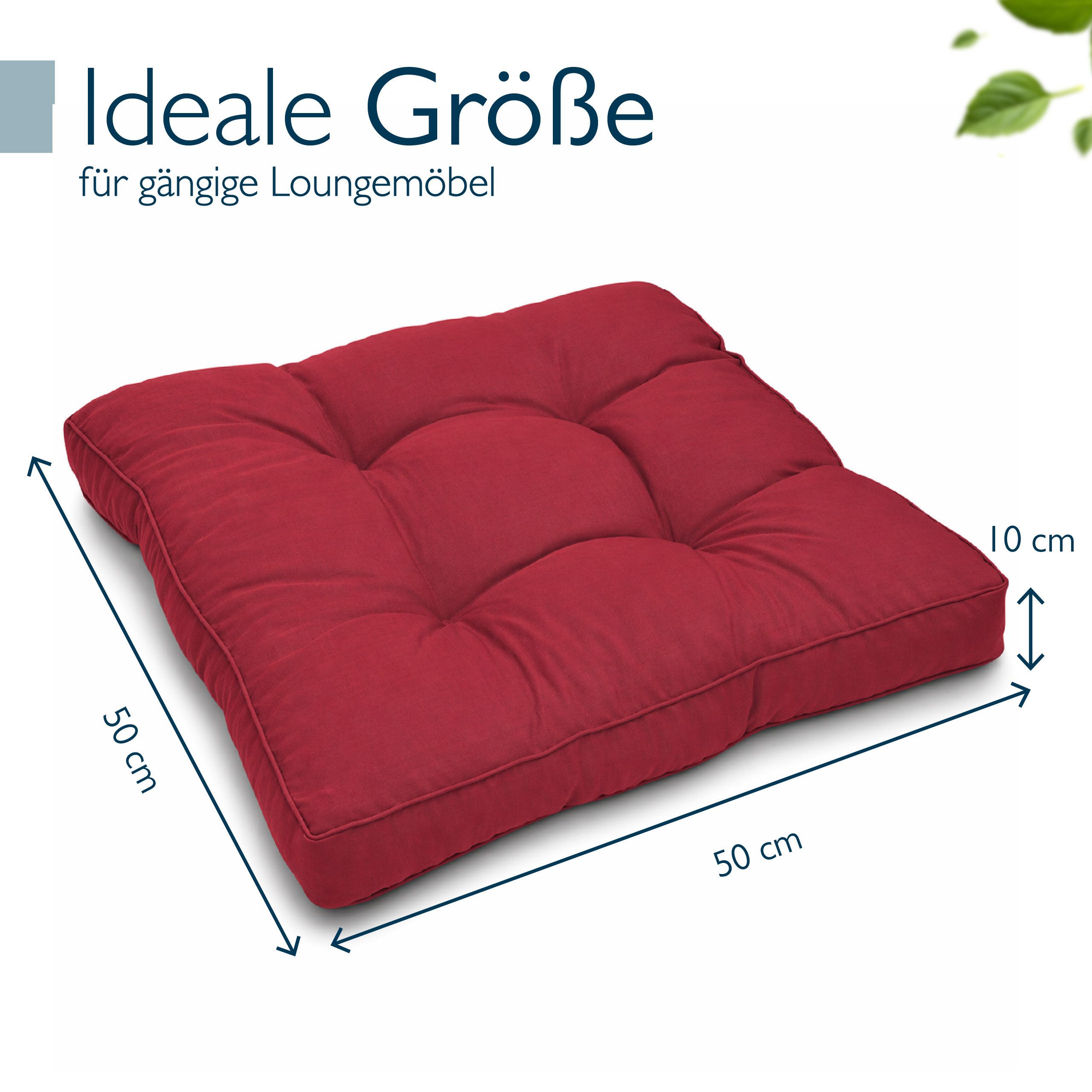 Beautissu Sitzkissen Lounge Kissen Outdoor Rot XLuna, 50x50cm, Sitzkissen Gartenstuhl 10 cm dick Sitzpolster Auflagen für Gartenmöbel