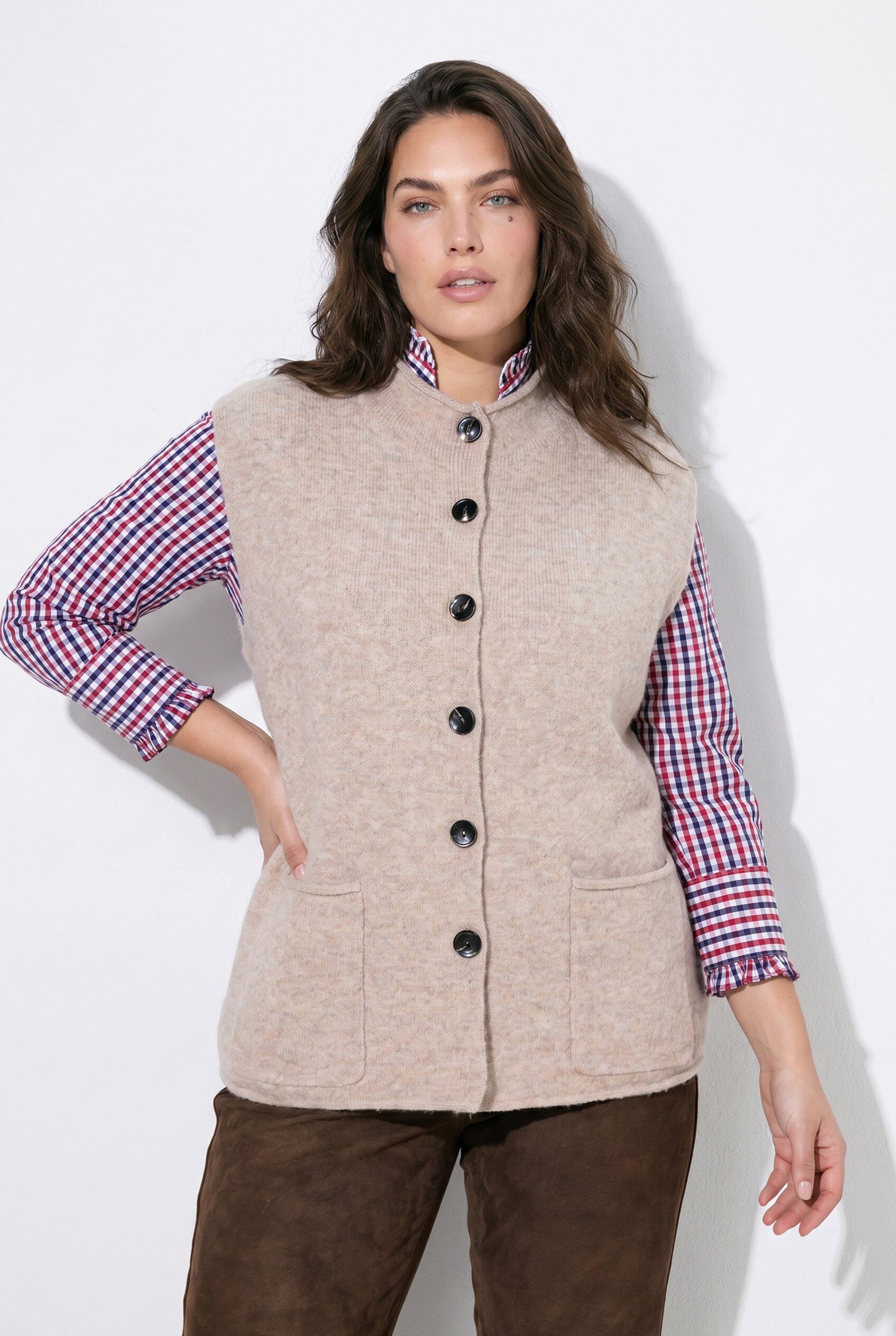 Ulla Popken Strickjacke Strickweste Rollkanten Rundhals ärmellos