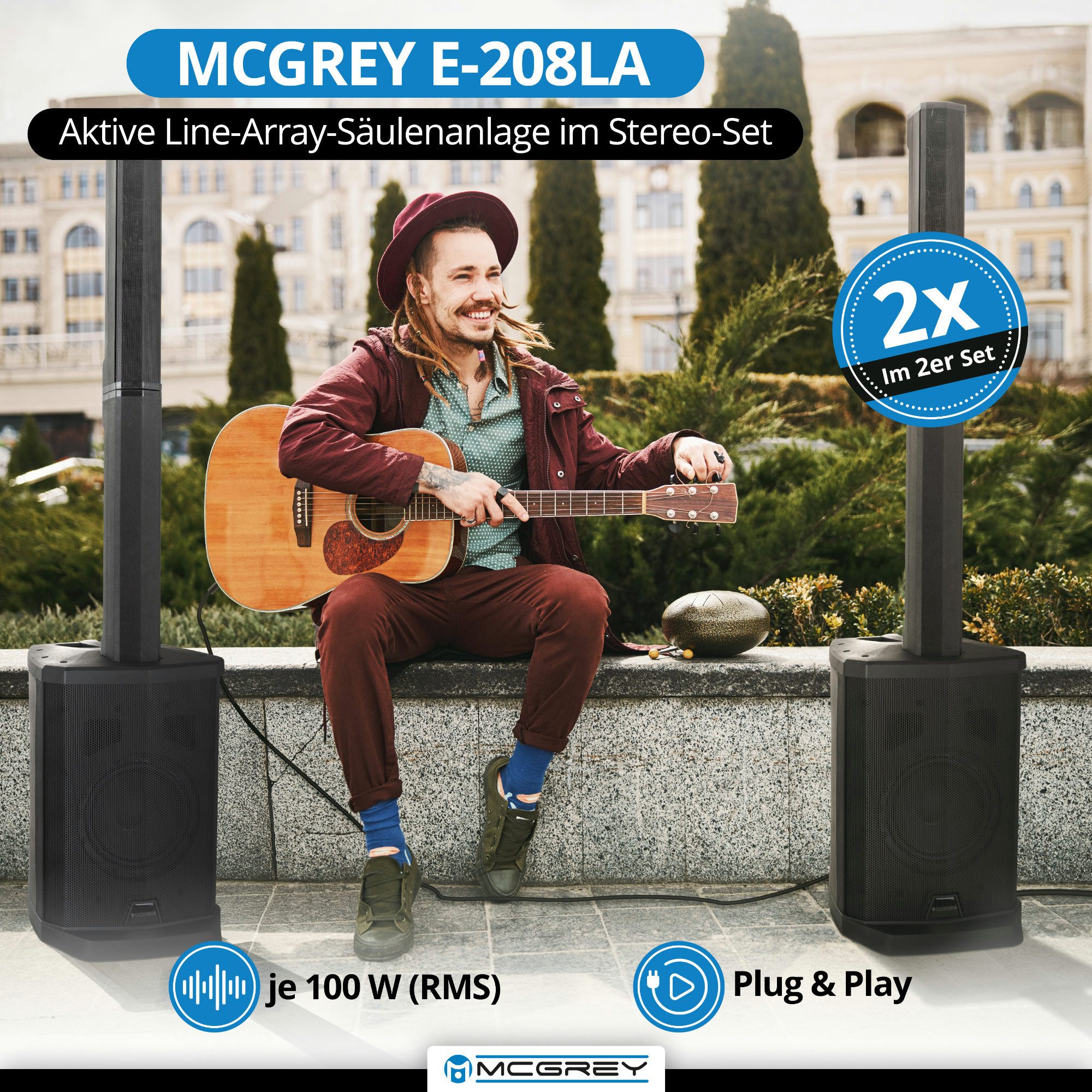 McGrey E-208LA Aktiv Line Array Säulenanlage Stereo Set Lautsprecher (Bluetooth, 100 W, PA-Anlage mit 8x 2,5" Breitbandlautsprecher)