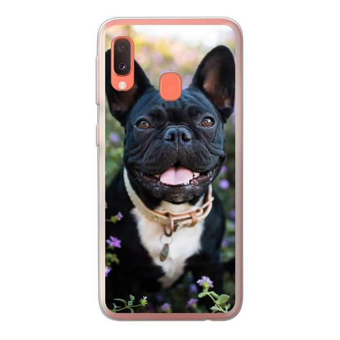 MuchoWow Handyhülle Französische Bulldogge - Blumen - Lila Handyhülle Samsung Galaxy A20e Smartphone-Bumper Print Handy