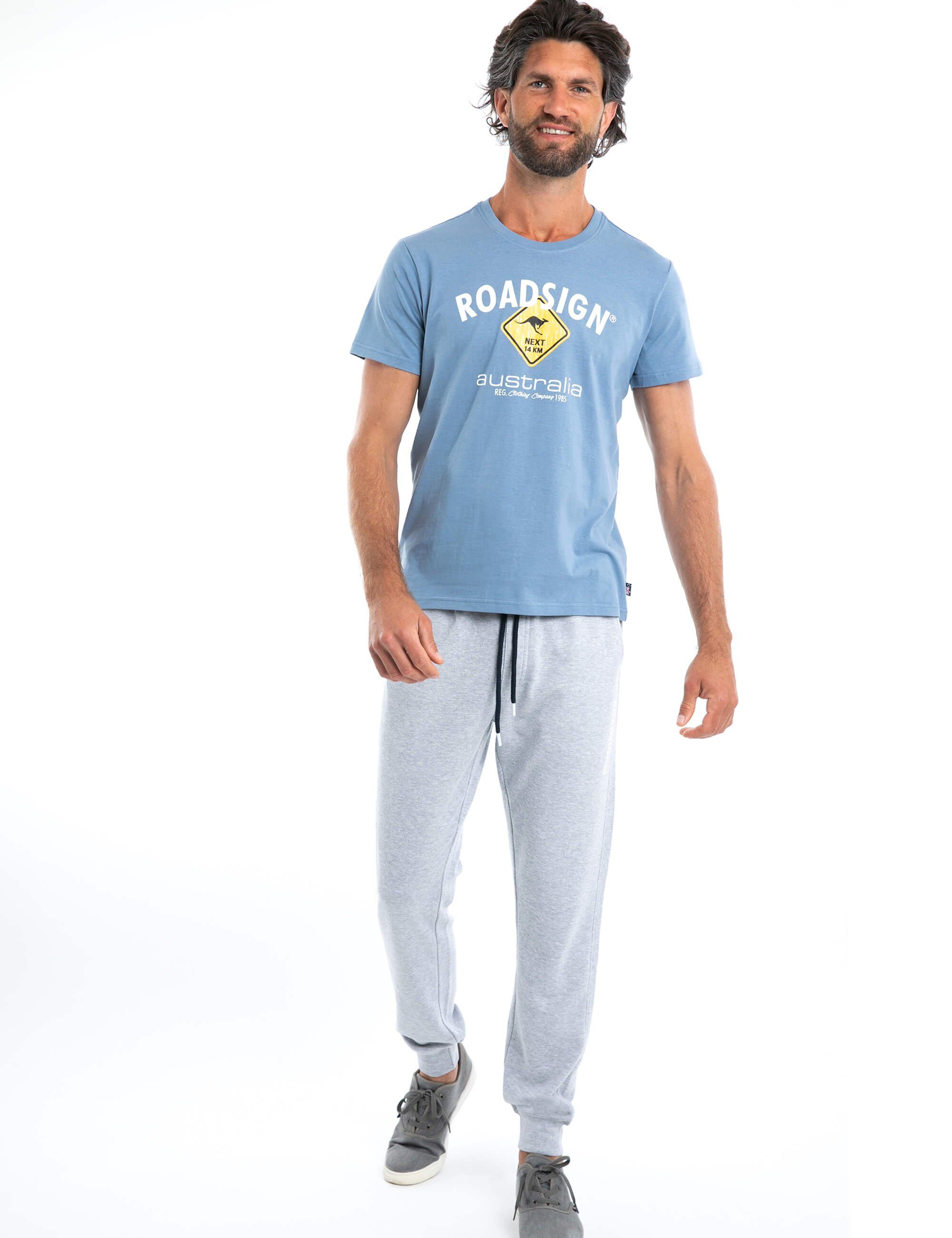 Rundhalsausschnitt, T-Shirt und Logo-Aufdruck % ROADSIGN jeansblau mit Logoprint Baumwolle (1-tlg) 100 australia