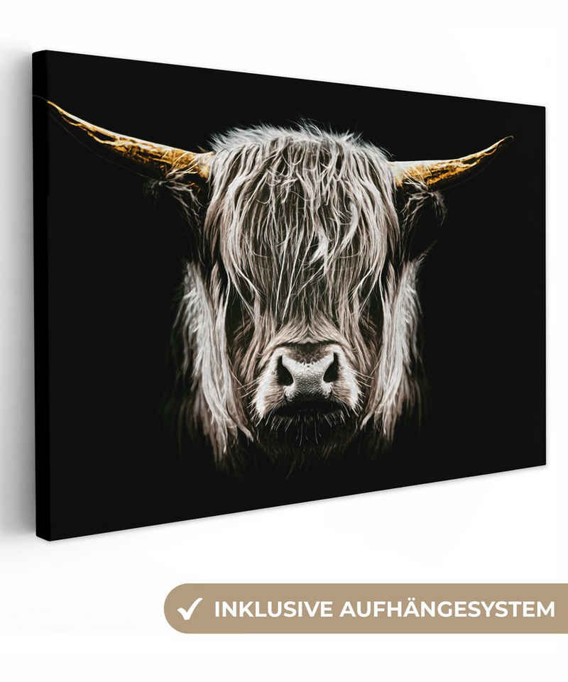 OneMillionCanvasses® Leinwandbild Schottischer Highlander - Gold - Hörner - Schwarz und weiß - Kuh -, Schottisches Hochländrind - Gold (1 St), Wandbild Leinwandbilder, Aufhängefertig, Wanddeko, 30x20 cm