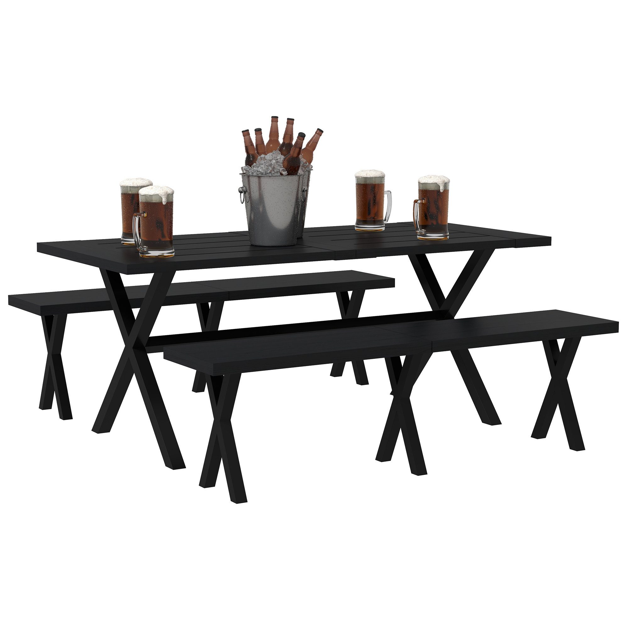 Outsunny Sitzgruppe mit Tisch, 2 Bänken, Schirmloch, (Festzeltgarnitur, 3-tlg., Bierzeltgarnitur), für Terrasse, Balkon, 180 x 80 x 73 cm, Schwarz