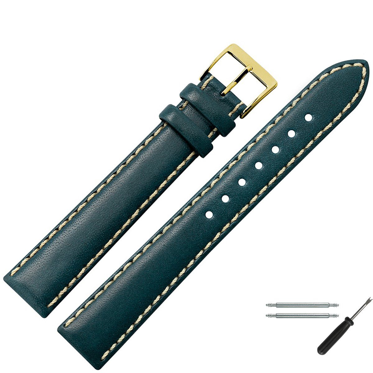 MARBURGER Uhrenarmband 22mm Leder XL extra lang Dunkelblau/Gold